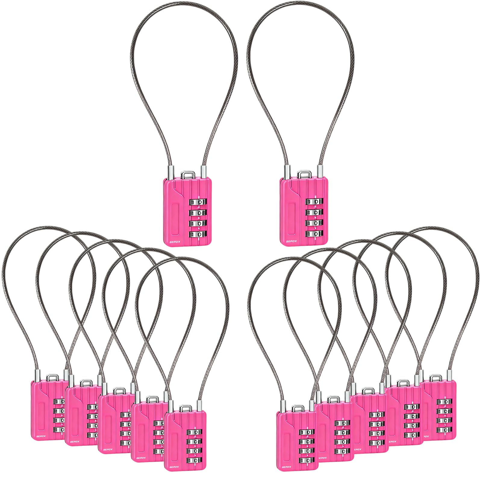 SEPOX® 12PCS Resettable 4-Digit Combination Padlock, 32cm Compact Vinyl Steel Cable – Multipurpose Lock for Gym Locker, Suitcase, Mini Toolbox – Pink Gym Essentials for Women