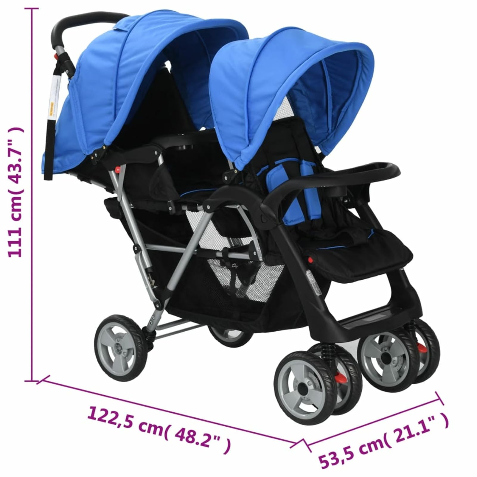 Passeggino Gemellare a Tandem in Acciaio Blu e Nero,Bebè e bimbi,Trasporto bebè,Passeggini-10112