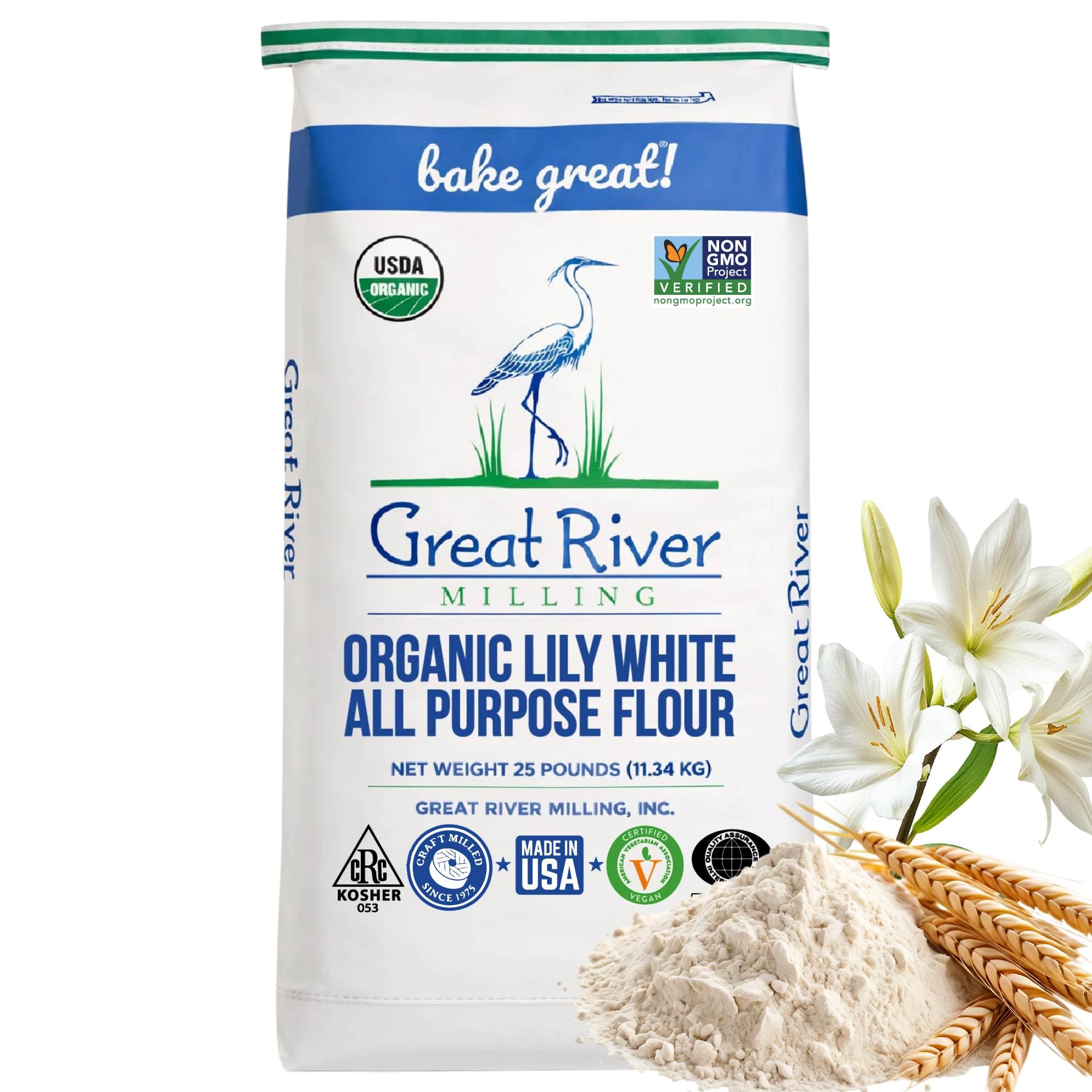 Great River Milling Lily White Organic All-Purpose Flour | Unbleached & Unbromated | Non-GMO, Kosher | Ideal for Bread, Cookies, Cakes, Pizza Dough & Everyday Baking | 25 Lb