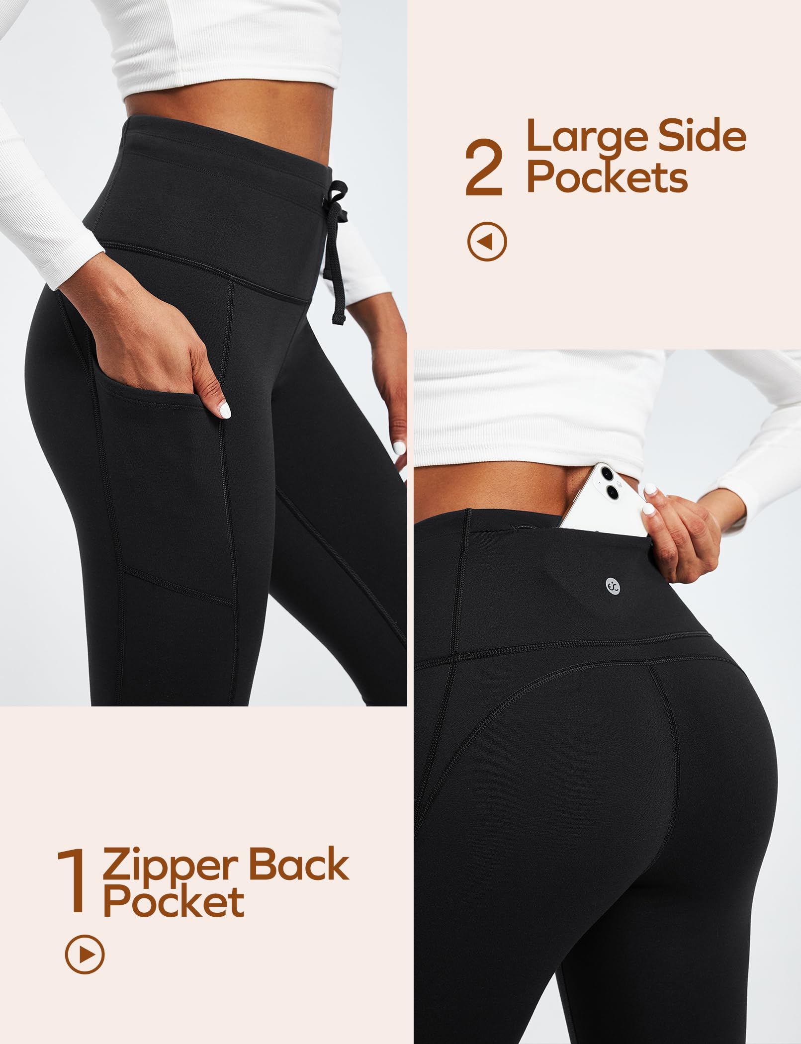 Leggings con forro polar para mujer con bolsillos, resistentes al agua, cintura alta, leggings térmicos de invierno para mujer, senderismo, Leggings con forro polar negro 3