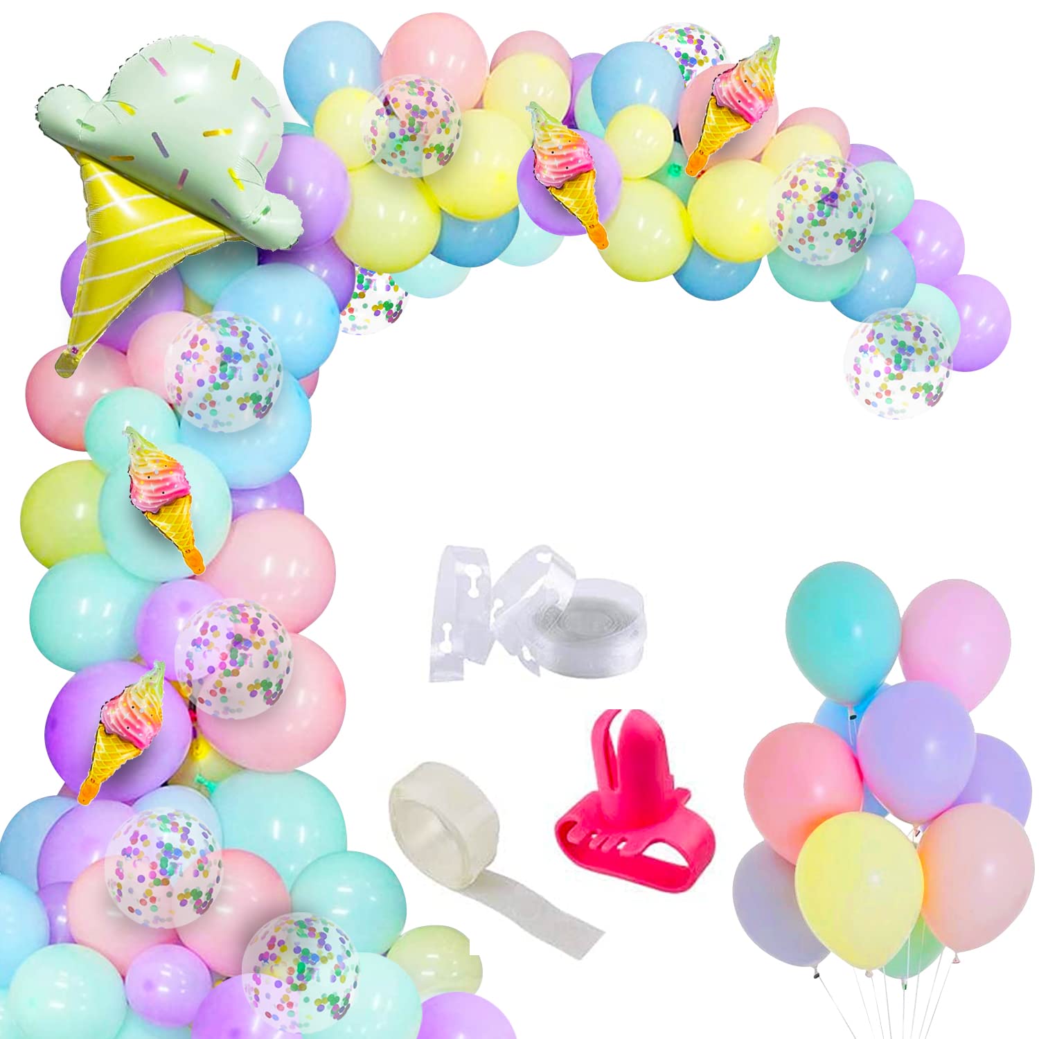 Party Propz Birthday Balloon Arch Decoration Combo With Multicolor Latex Balloons, Ice Cream Foil Balloons & Multicolor Confetti Balloons,64 Pcs