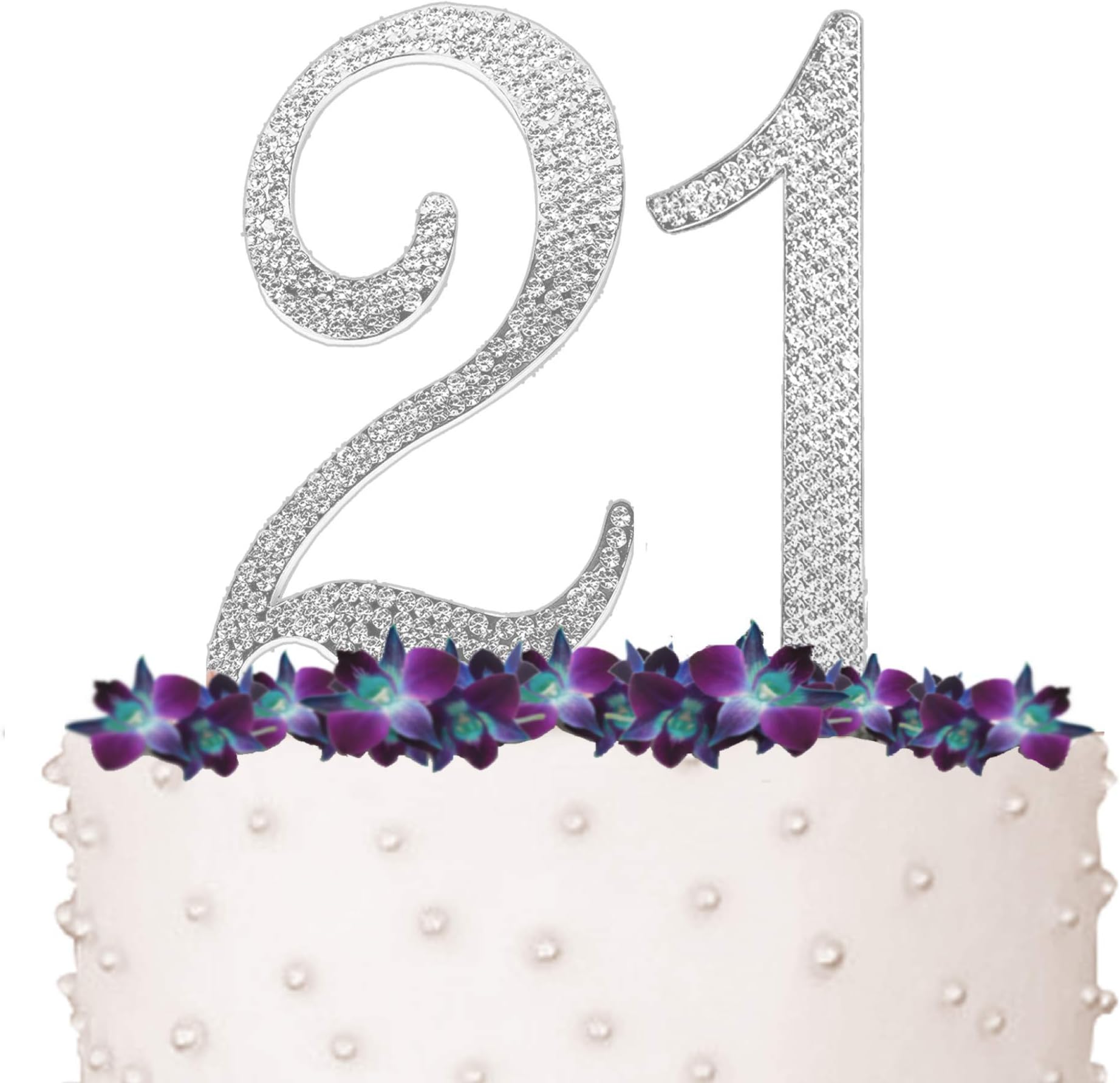 21 Cake Topper, 21st Happy Birthday, Anniversary, Crystal Rhinestones on Silver Metal, Party Decorations, Favors