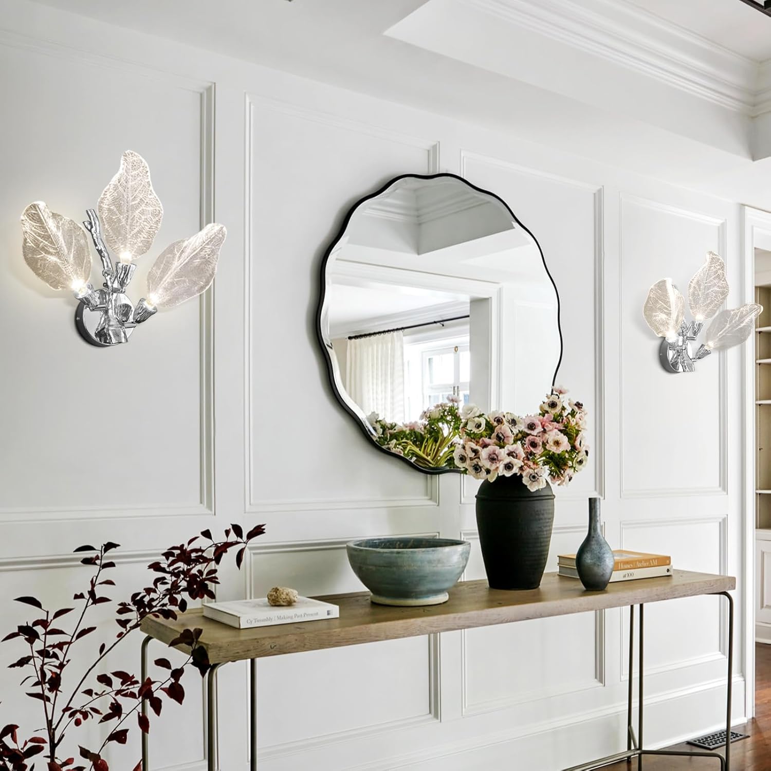 Modern Wall Sconces, LED Sconces Wall Lighting, Leaf Wall Lights with 3-Lights, Silver Wall Lighting for Bathroom Vanity Wall Mount Lamps Fixtures for Hallway, Living Room, Stairs