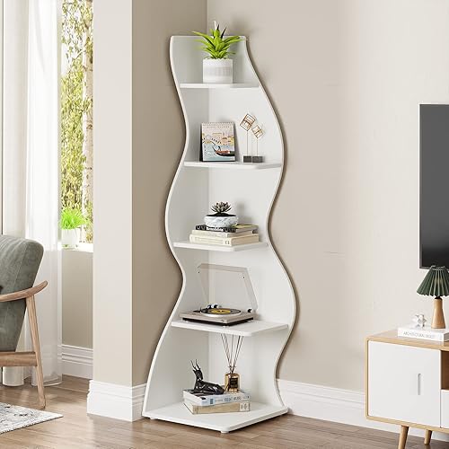 Miniatura 4 de Tribesigns Corner Shelf, Modern 5-Tier Wall Corner Bookshelf, Stylish Corner Small Bookcase Storage Rack Plant Stand with Unique Shape for Living
