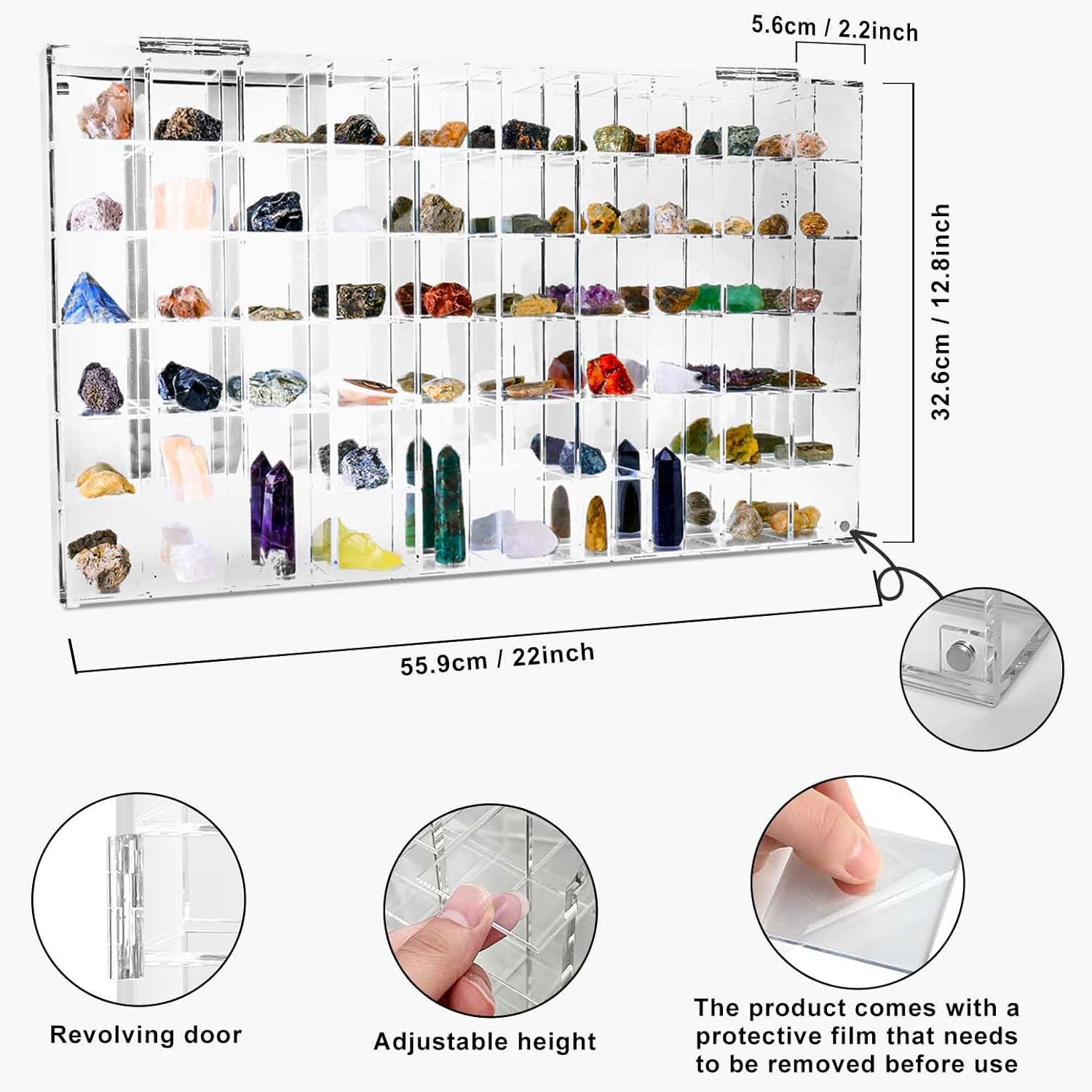 Adjustable Seashell Display Case Box Large Rock Fossil Arrowhead Display Case Crystal Organizer Clear Wall Mounted & Desktop 60 Room Shadow Box for Mini Pop Figure, Collectibles, with Mirrored & Lid…