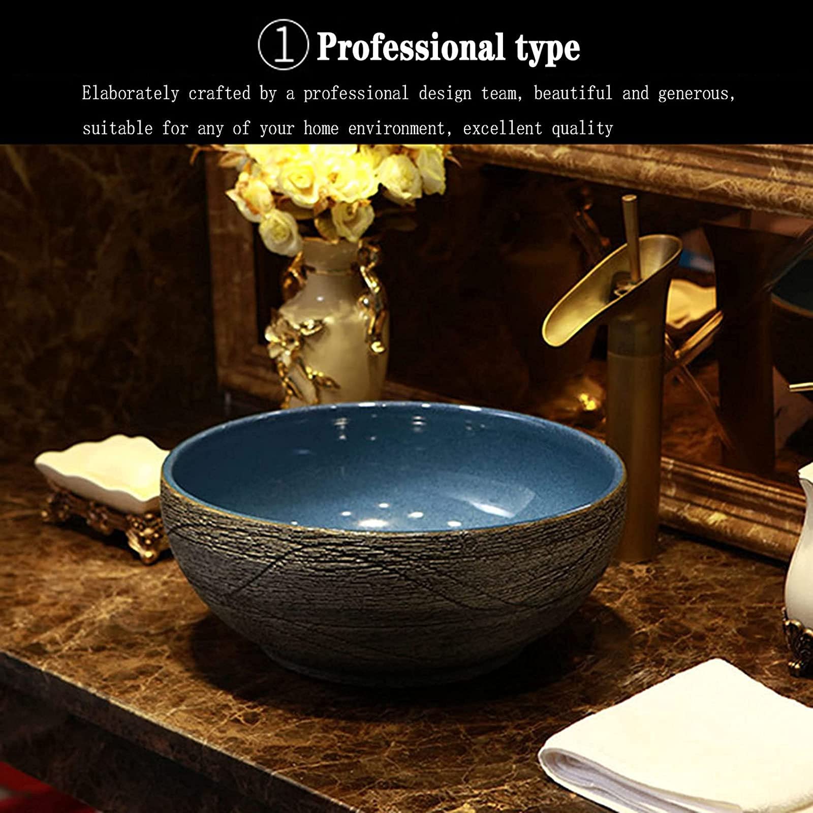 Uniwersalna Ceramiczna Umywalka Nablatowa Do Łazienki - Okrągła Umywalka Nablatowa W Stylu Retro, Grawerowana Ręcznie - Artystyczna Porcelanowa Umywalka Bez Kranu, D