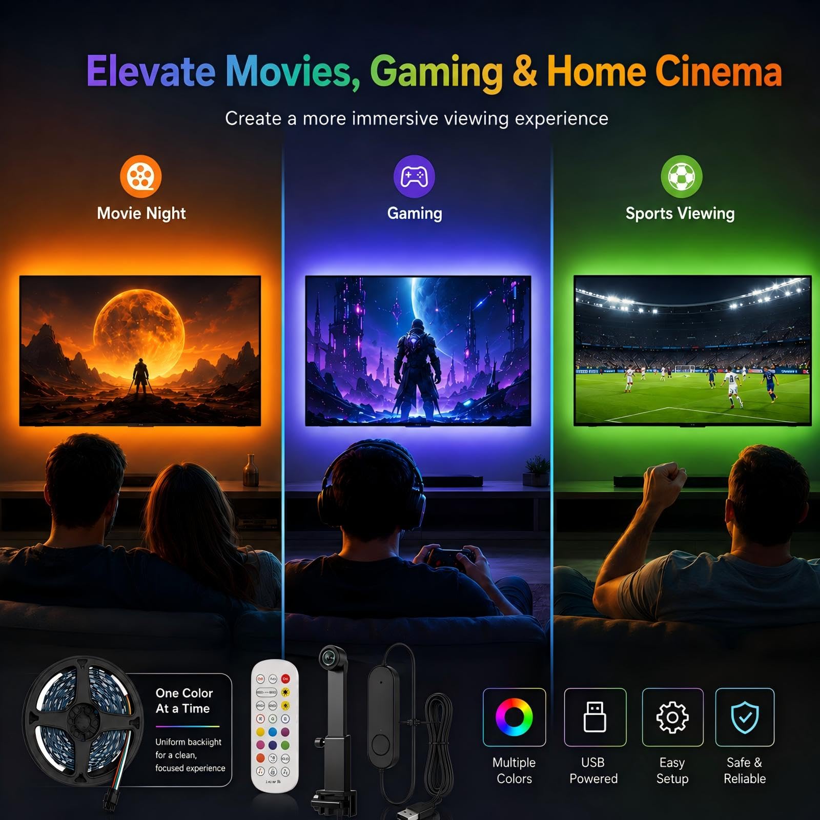 Ruban LED TV RGBIC 5 m, caméra de synchronisation, 70 à 85 pouces