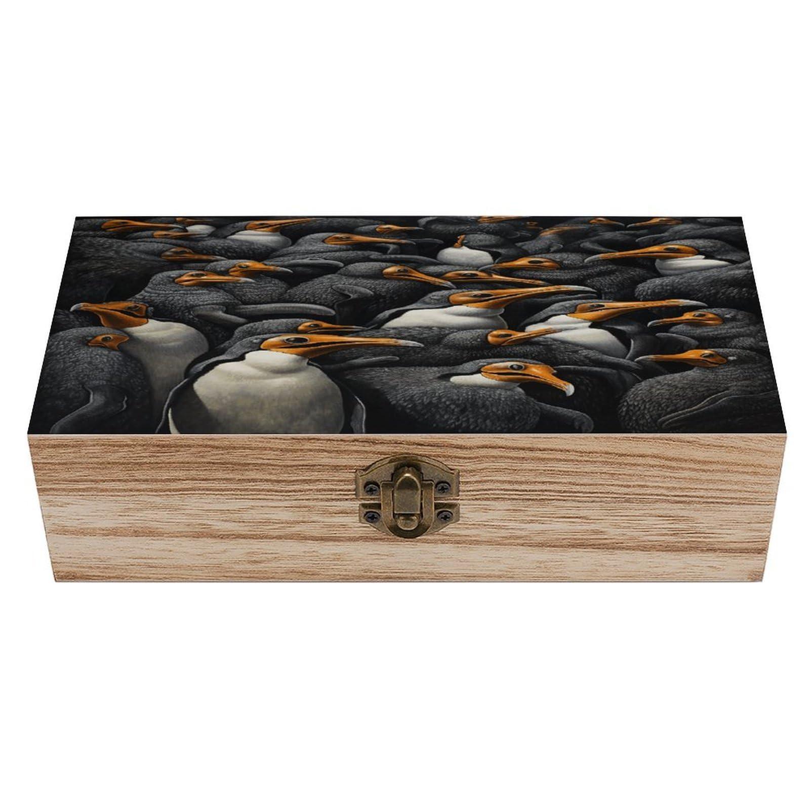 Btcowzrv Style A Group Of Penguins Wooden Storage Box, Keepsake Box With Hinged And Retro Lock, Wood Jewelry Organizer For Photos & Mementos And Home Decor