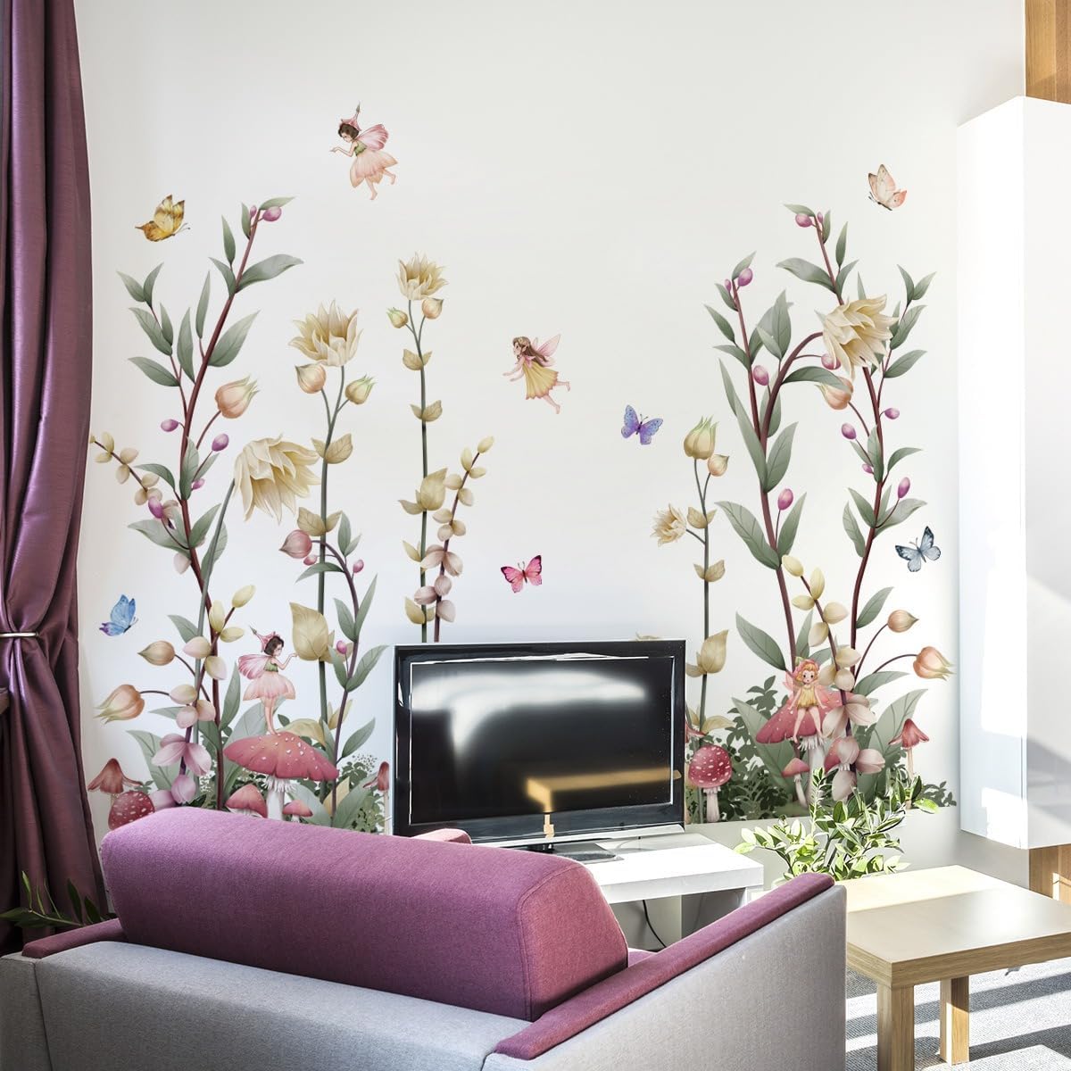 Boho Flower Wall Decals Fairy Wall Decor Wildflower Stickers with Mushroom Peel and Stick Removable for Girls Bedroom, Kids Room, Living Room, Office