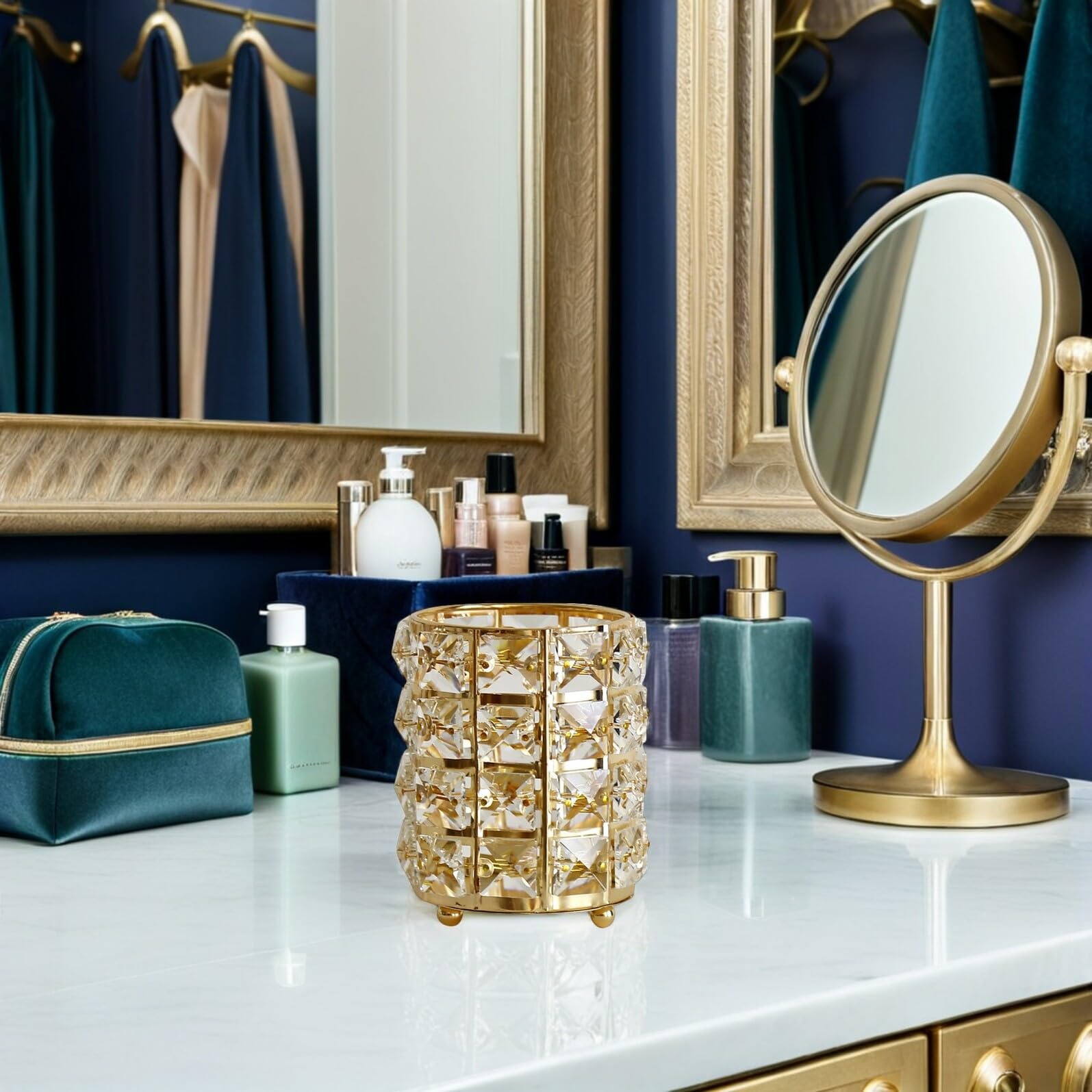 Baluue 2 pezzi Portapenne in Vetro Cristallo per Scrivania e Trucco Organizer Trasparente per Pennelli Cosmetici e Penne Design Europeo Elegante per Ufficio e Vanity