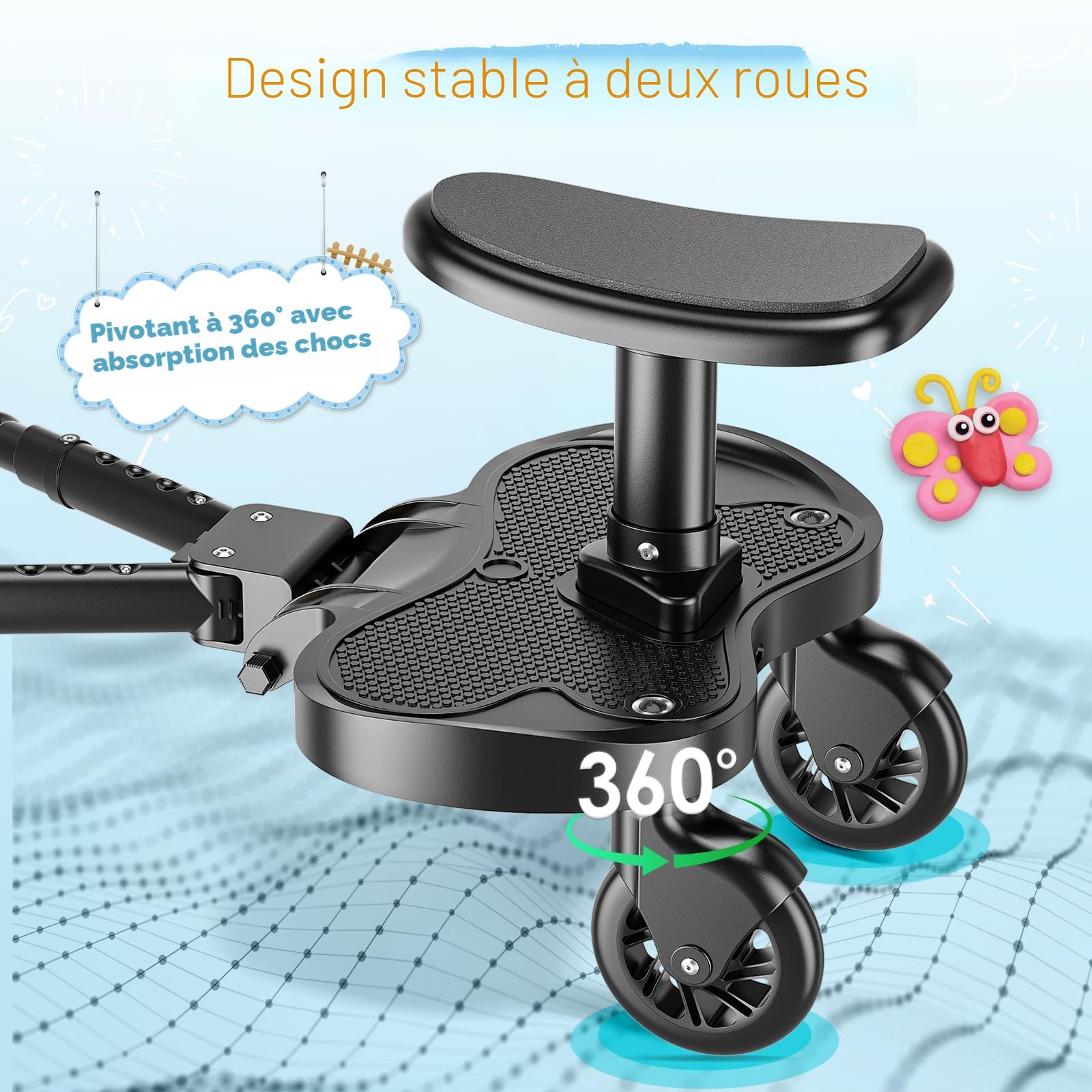 Planche Poussette Universelle, Marche Pied Poussette Universelle avec Siège, Compatible Avec 99% des Poussettes, Planches à roulettes pour Enfants de 2 à 6 Ans (25KG)
