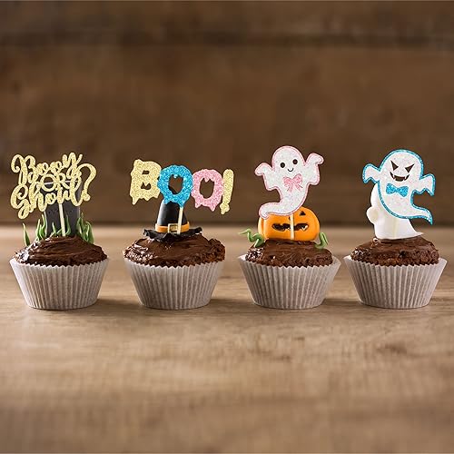 Miniatura 163 de Ephlyn 24 adornos para cupcakes de Halloween con purpurina para Halloween, murciélagos, calabaza, fantasma, decoración de cupcakes para temática