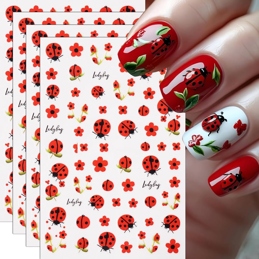 Ladybug Nail Stickers Cute Red Flower Nail Art Stickers Spring Summer Nail Decals DIY Self-Adhesive Floral Design Sticker Nail Decoration for Women Manicure Accessories 4PCS