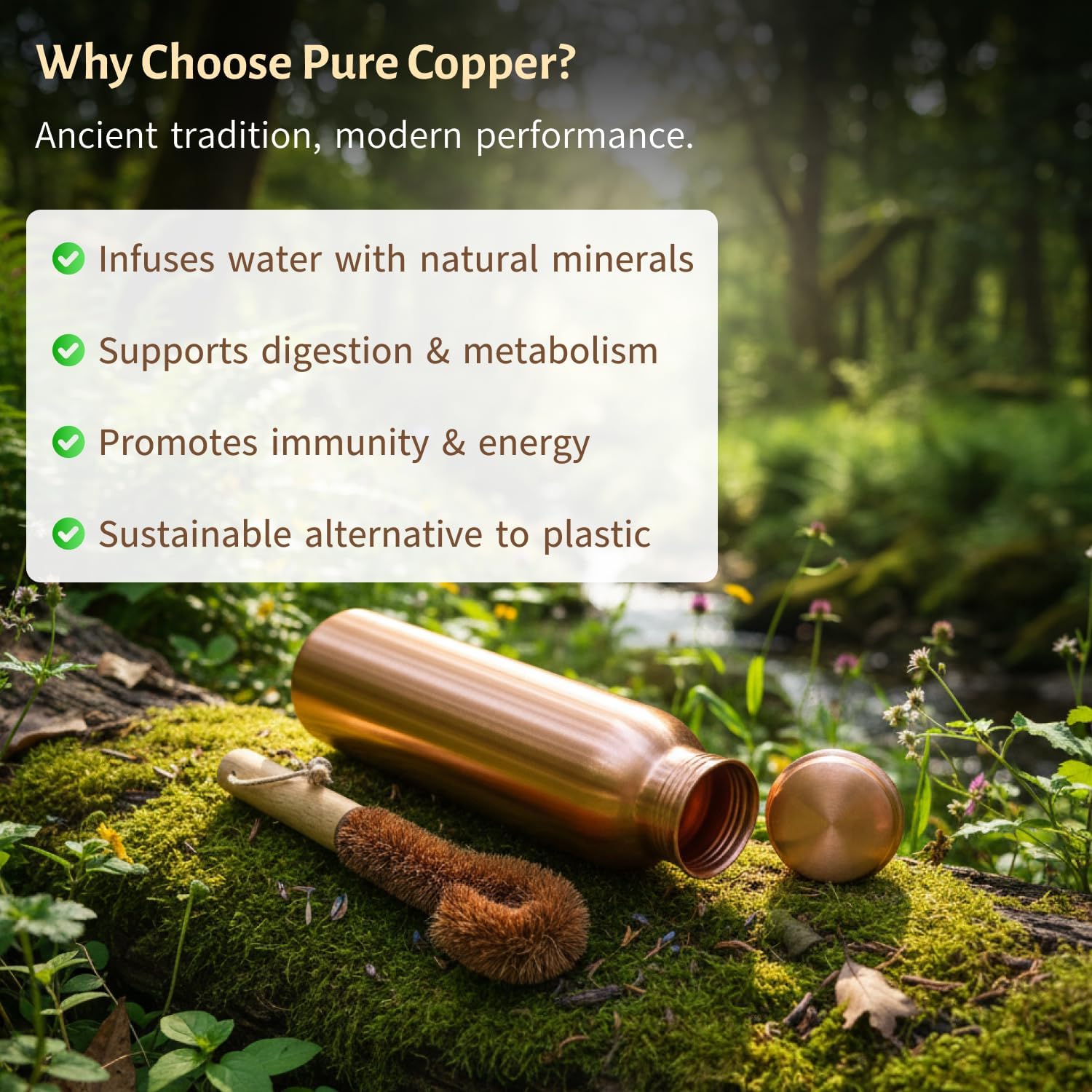 Pure Copper Water Bottle, 32 oz (950ml) Smooth Finish, Leak-Proof Ayurvedic Copper's Bottle for Drinking Water, Eco-Friendly, Durable & Easy to Clean, Handmade Copper Vessel With Cleaning Brush.