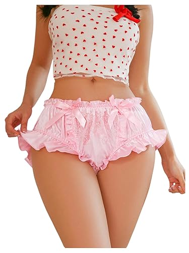 SOLY HUX Women's Satin Underwear Brief Panty Floral Embroidery Bow Ruffle Trim Panties - Small - Solid Pink