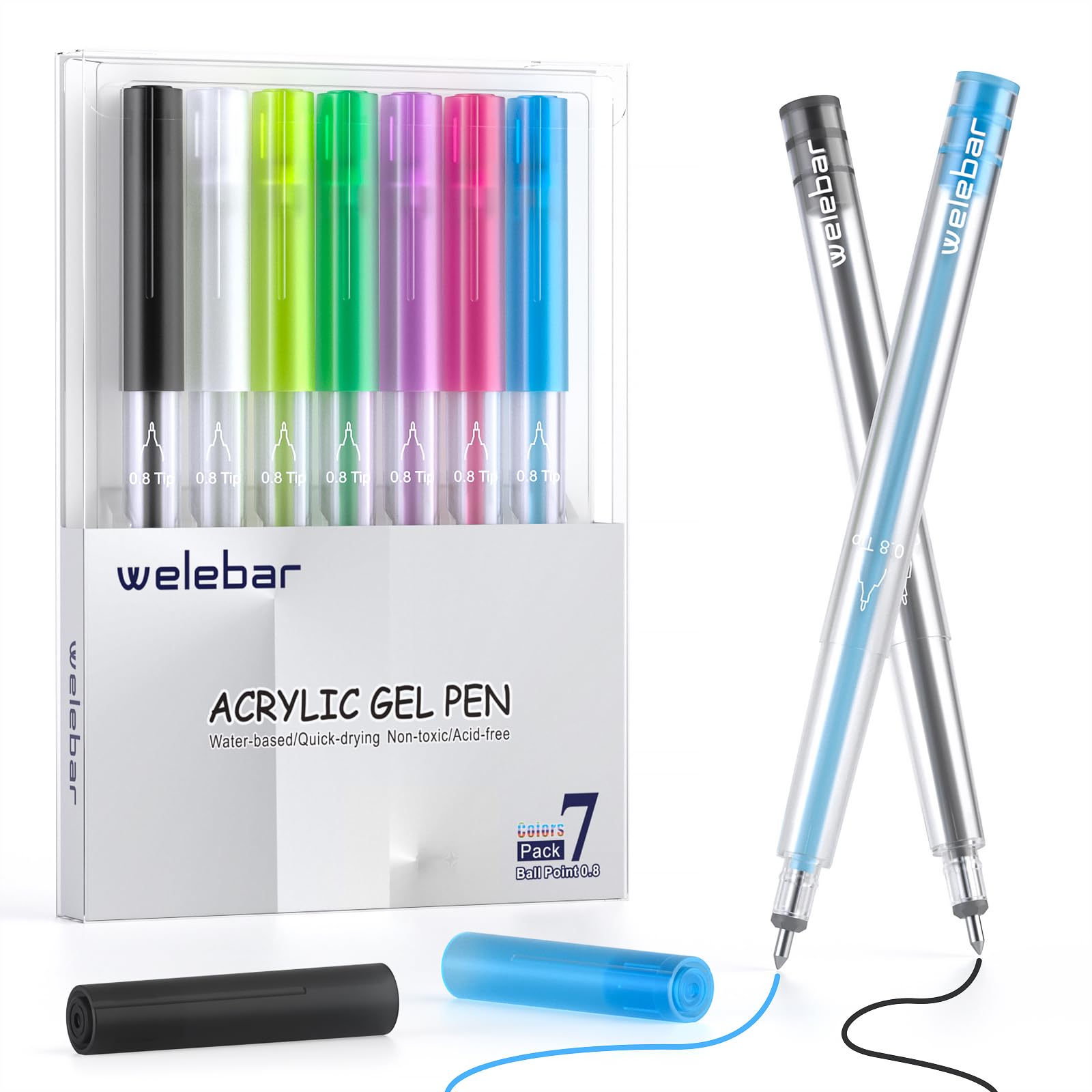 Welebar Acrylic Gel Pens for Cricut Maker 3/Maker 4/Explore 3/Explore 4/Air 2, 7 Pcs 0.8mm Ballpoint Pens for Light & Black Paper