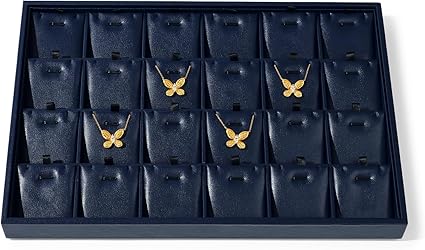 Leather Necklace Tray Jewelry Display Tray 24 Grids Necklace Display Trays Necklace Storage for Drawers With Removable Jewellery Cards Necklace Pendant Tray (Blue