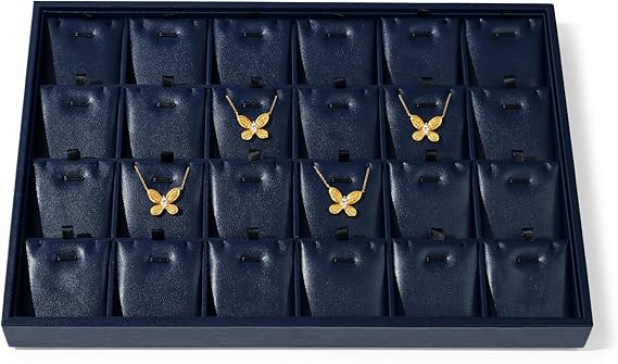 Leather Necklace Tray Jewelry Display Tray 24 Grids Necklace Display Trays Necklace Storage for Drawers With Removable Jewellery Cards Necklace Pendant Tray (Blue