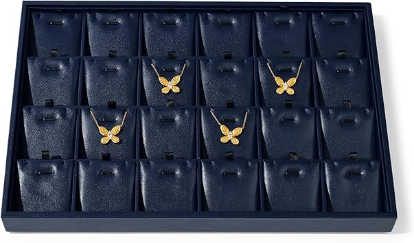 Leather Necklace Tray Jewelry Display Tray 24 Grids Necklace Display Trays Necklace Storage for Drawers With Removable Jewellery Cards Necklace Pendant Tray (Blue