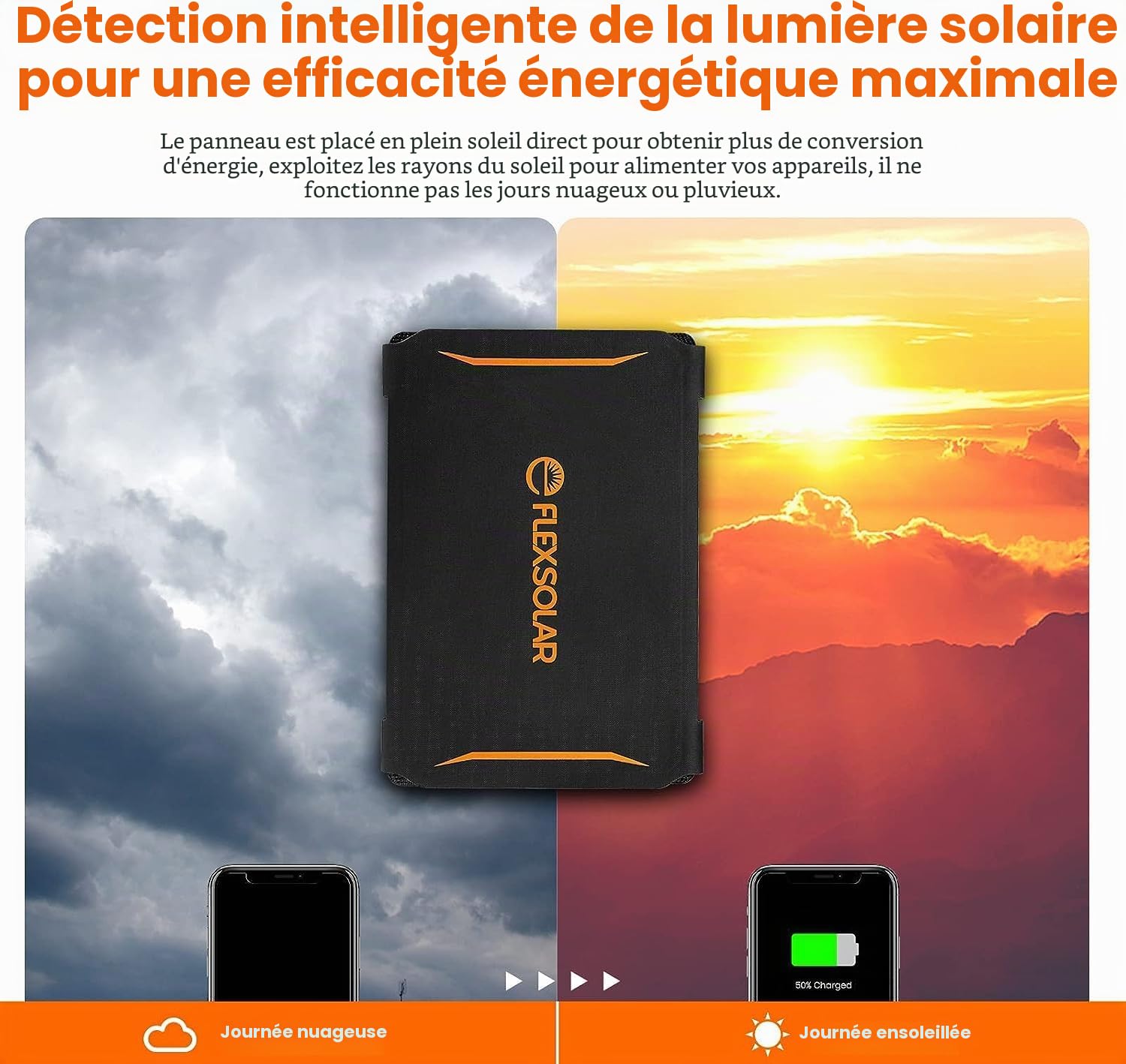 FlexSolar Chargeur de Panneau Solaire Portable 30 W, étanche IP67 Panneau Solaire Pliable avec port USB A/C QC2.0/PD 2.0 Compatible avec Smarthone, Banque d'alimentation pour camping