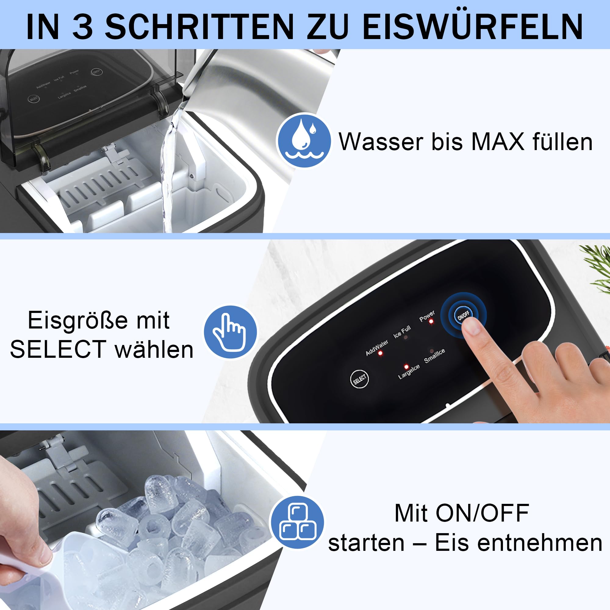 Citybee Eiswürfelmaschine Klein Kompakt & Leise - Schnell Eis 9 Würfel In 6 Min - 2 Eisgrößen Bis 14 Kg 24 H - Automatischer Stopp Selbstreinigung Tragbar Für Küche Büro Bar Party Grau