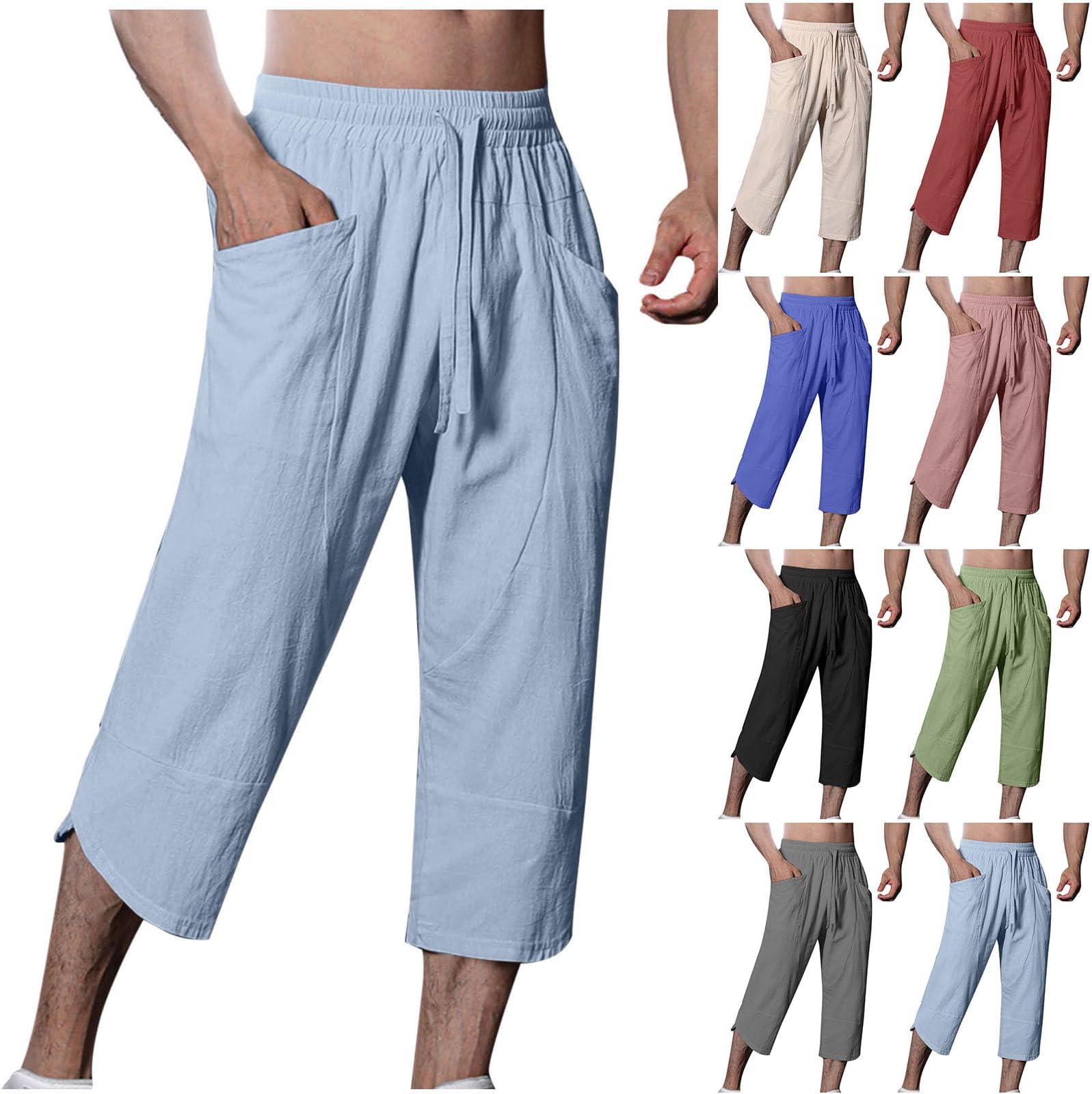 3/4 Linen Trousers for Men, Drawstring Elastic Waist Pants Cropped Casual Loose Fit Joggers Fashion Breathable Tracksuit Bottoms Sports Pant