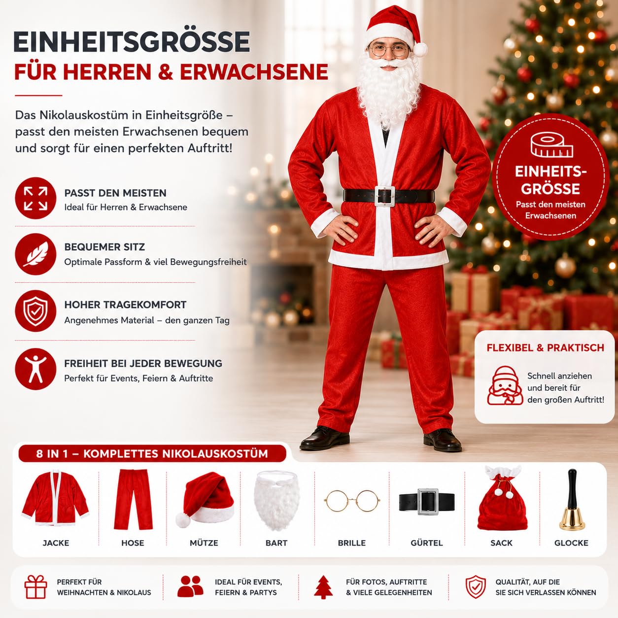 FASCHINFEVER 8 in 1 Set Santa Claus - Weihnachtsmannkostüm & Nikolauskostüm - für Weihnachten - Kostüm für Nikolaus - Weihnachtsmann - Herren & Erwachsene