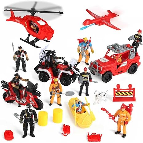 Kids Firefighter Action Figures Playset, Fireman Figures Toys with Tools, Red Fire Trucks, Army Vehicles, Helicopter, Soldiers Accessories, Play Mat, Birthday Gift for Boys