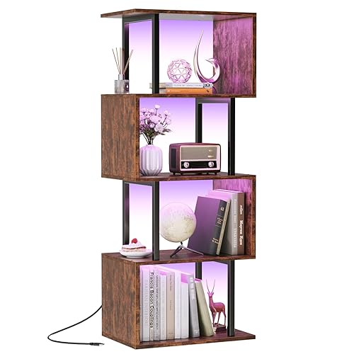 Furologee 5 Tier Geometric Bookshelf with LED Light, Small S-Shaped Bookcase, Industrial Display Standing Shelf, Metal Wooden Decorative Storage Shelves for Bedroom, Living Room, Office, Rustic Brown - Rustic Brown - 5 Tier