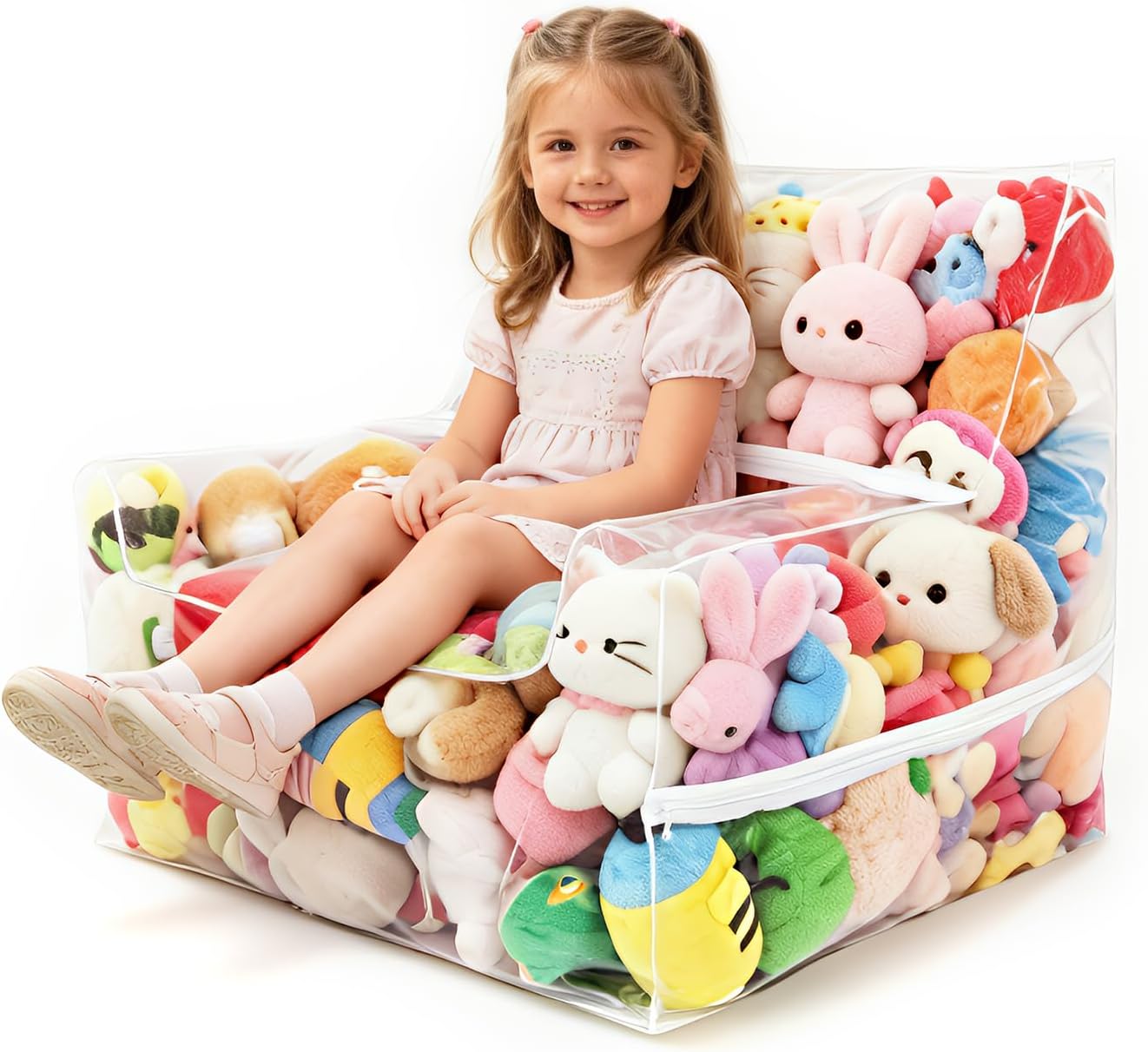 Stuffed Animal Storage Chair 25-inch,3 Hidden Zippers Toy Organizer, 0.35mm Thick PVC，Clear Bean Bag Chair for Kids & Adults