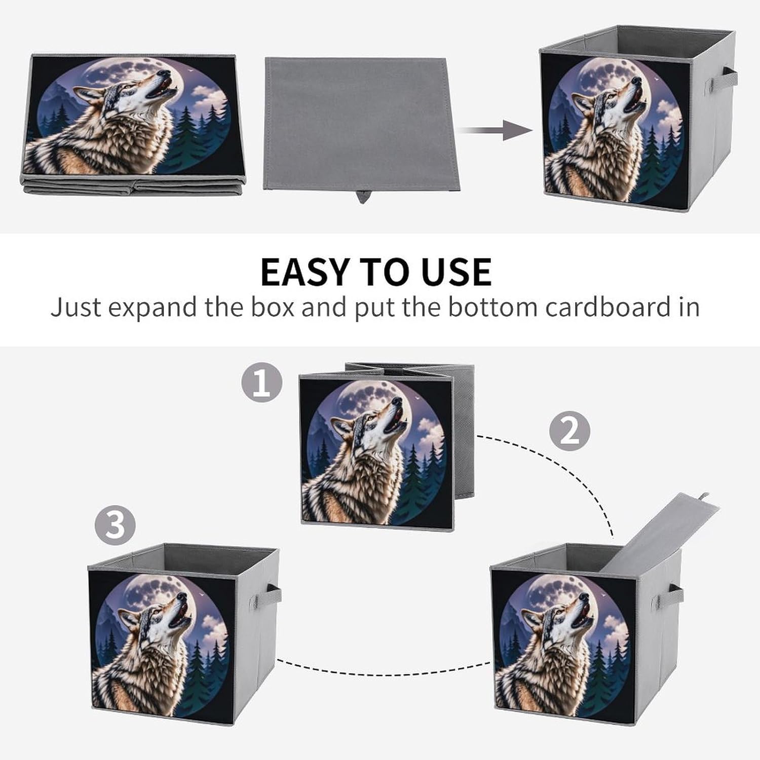 Wolves Foldable Storage Box with Handles, Durable Oxford Storage Cubes, 2PCS Collapsible Closet Organizer for Home, Shelf, Office, Travel