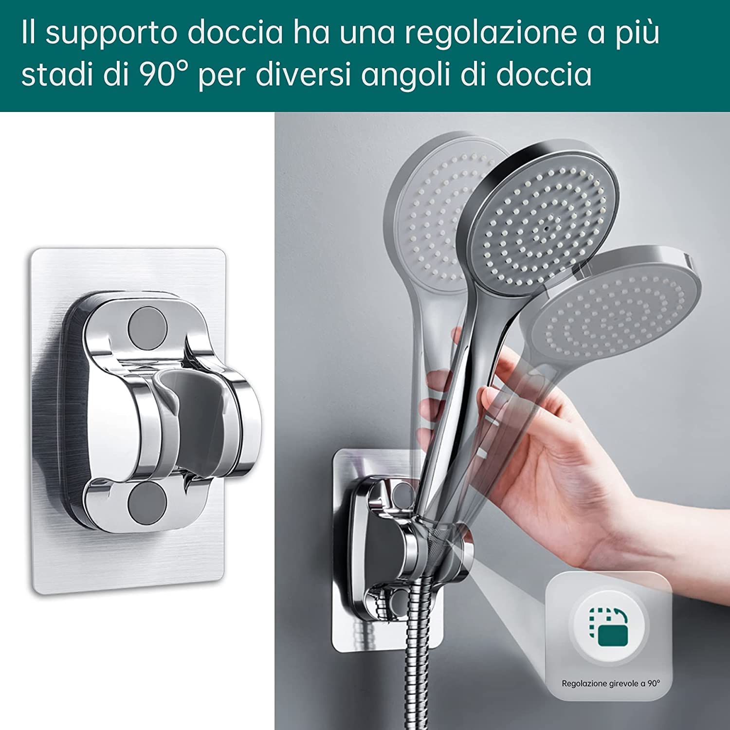 Clarmonde Supporto Soffione Doccia. 2 pezzi Staffa Supporto Doccia Universale Regolabile con Adesivo.Staffa Doccia Autoadesiva a Parete,Evitare di Forare (Silver C- 2pcs
