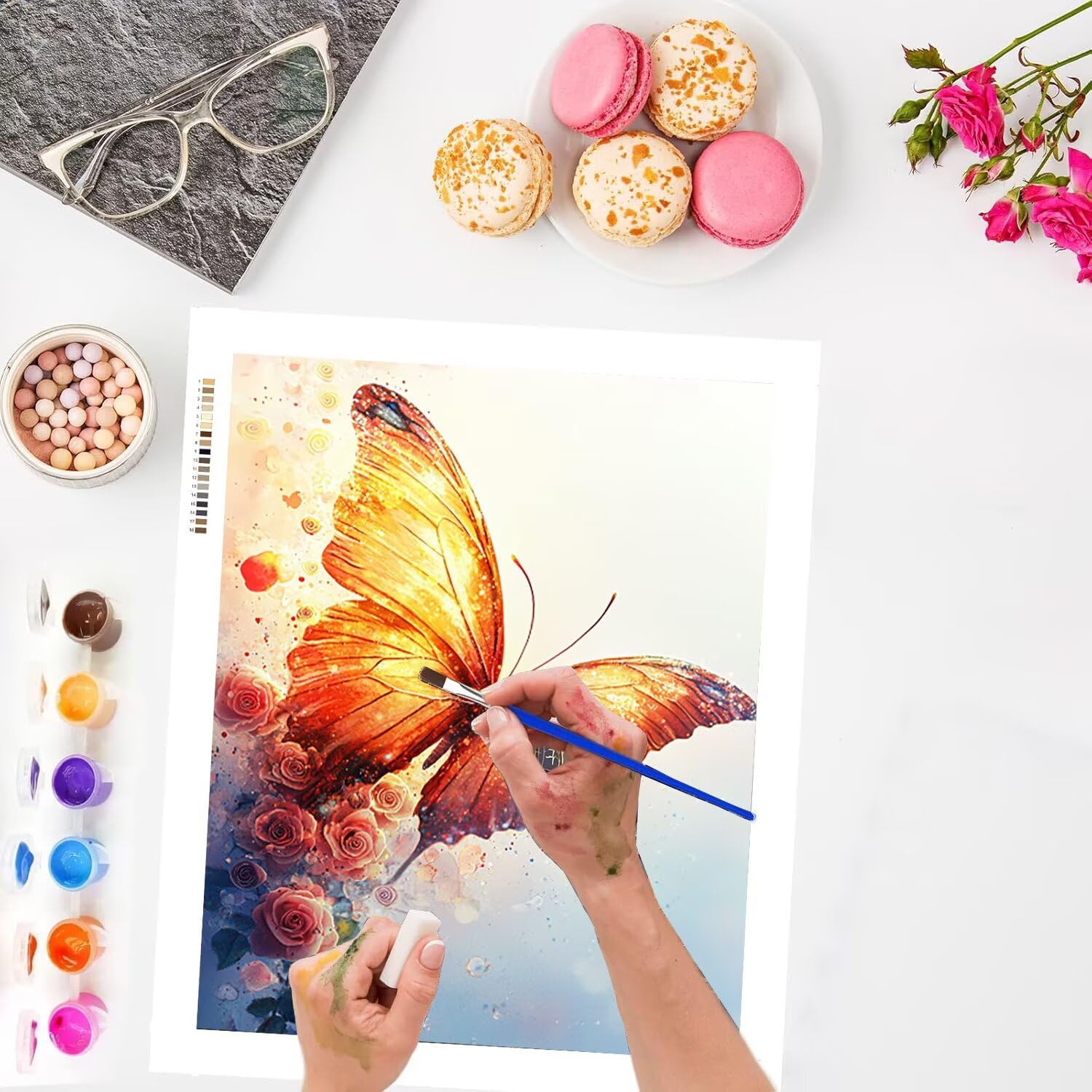 WEISHIWE Malen nach Zahlen Erwachsene Schmetterling mit Rose, 70x90cm x-368 | Malen nach Zahlen Erwachsene Leinwand Kit, DIY Handgemalt Ölgemälde Set mit 3-Pinseln und Acrylfarbe für Wanddeko,Ohne Rahmen