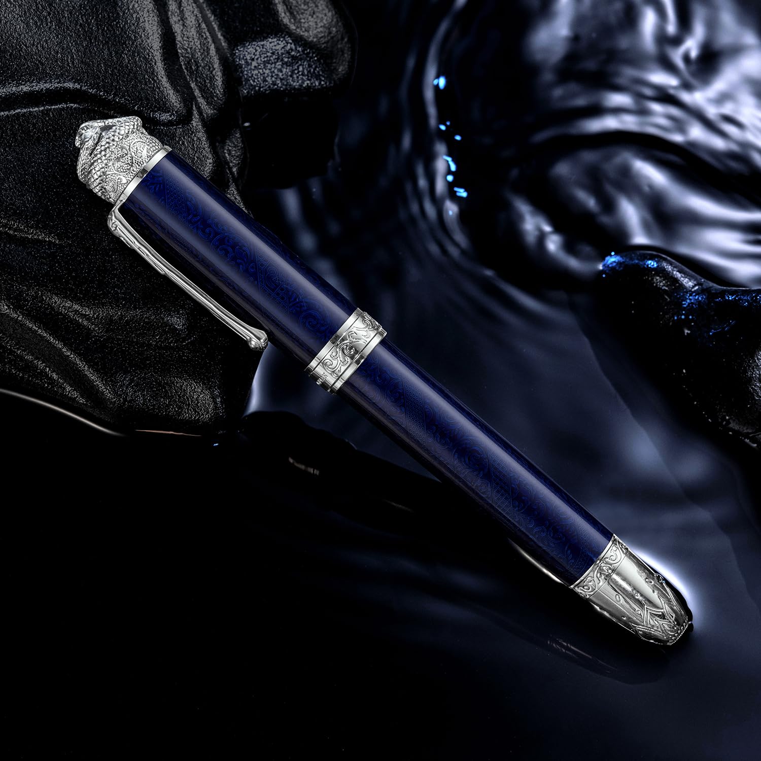 HONG DIAN N25 Piston Fountain Pen, Extra Fine Nib Snake Stereoscopic Carving Design with Metal Case Set (Ocean Blue) - Image 4