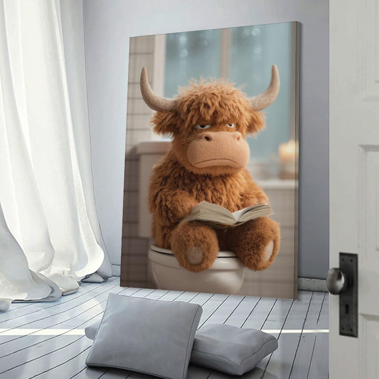 Junmoney Frame-Style-9 Wall Picture Print Stuffed Highland Cow Reading On Toilet Poster, Picture, Metal Print, Paint By Creed, 24X36inch(60X90cm), For Hallway, Bedroom Or Modern Interiors, Thoughtful Wall Decor For Art Love