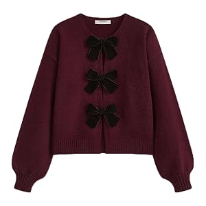 Womens Y2k Tie Front Cardigan Sweaters Bow Tie Long Sleeve Crew Neck Loose Crop Knitted Fall Winter Sweater