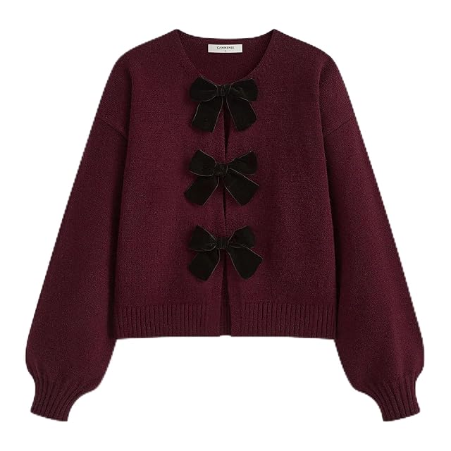 Womens Y2k Tie Front Cardigan Sweaters Bow Tie Long Sleeve Crew Neck Loose Crop Knitted Fall Winter Sweater