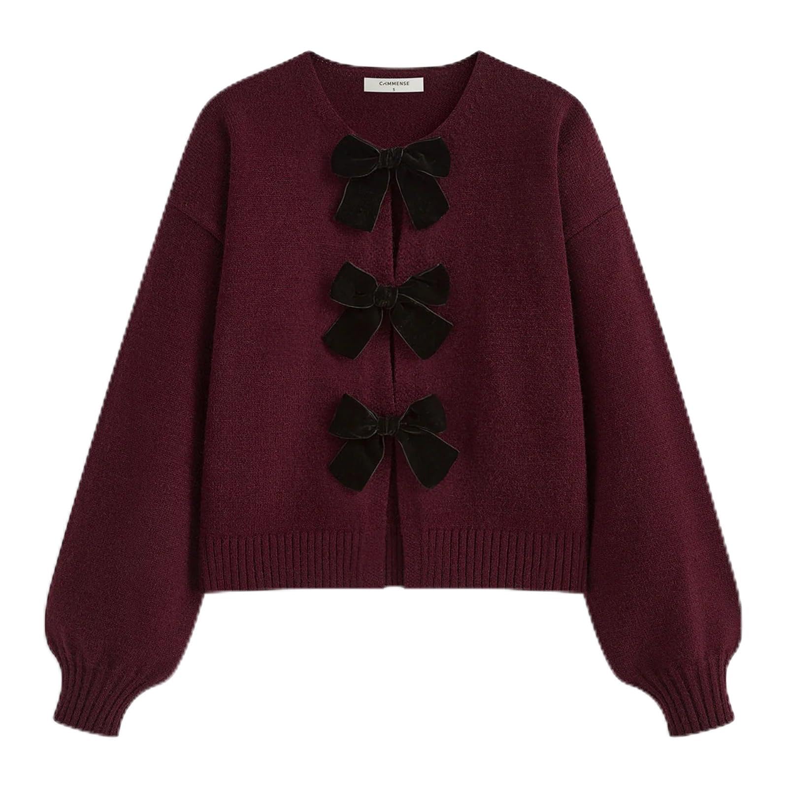 Womens Y2k Tie Front Cardigan Sweaters Bow Tie Long Sleeve Crew Neck Loose Crop Knitted Fall Winter Sweater