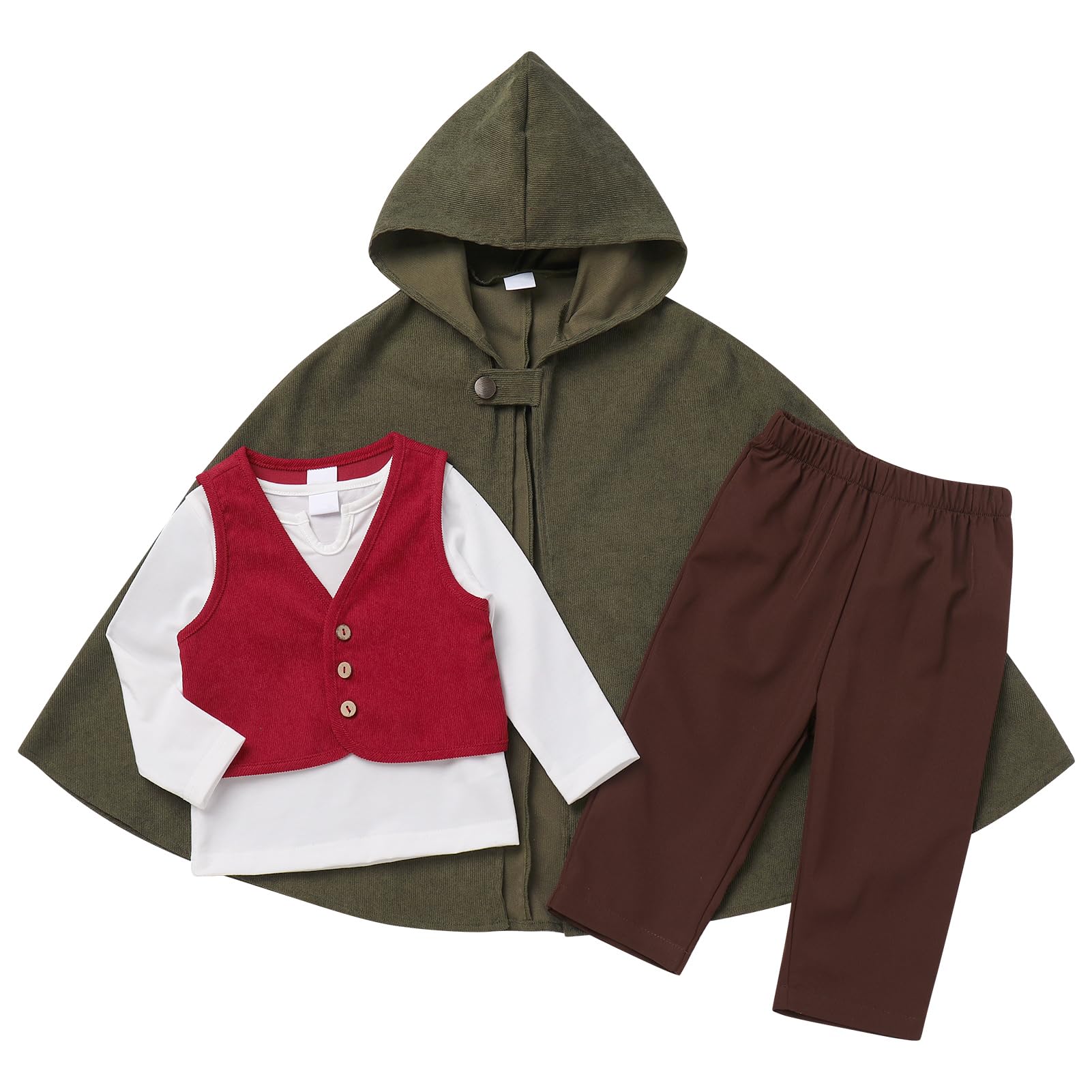 OBEEII Baby Boy Medieval Costume Cosplay Baby Suit Ring Bearer Outfit Halloween Costume Fantasy World Hooded Cloak Cape First Birthday with Top Vest Pants Cloak