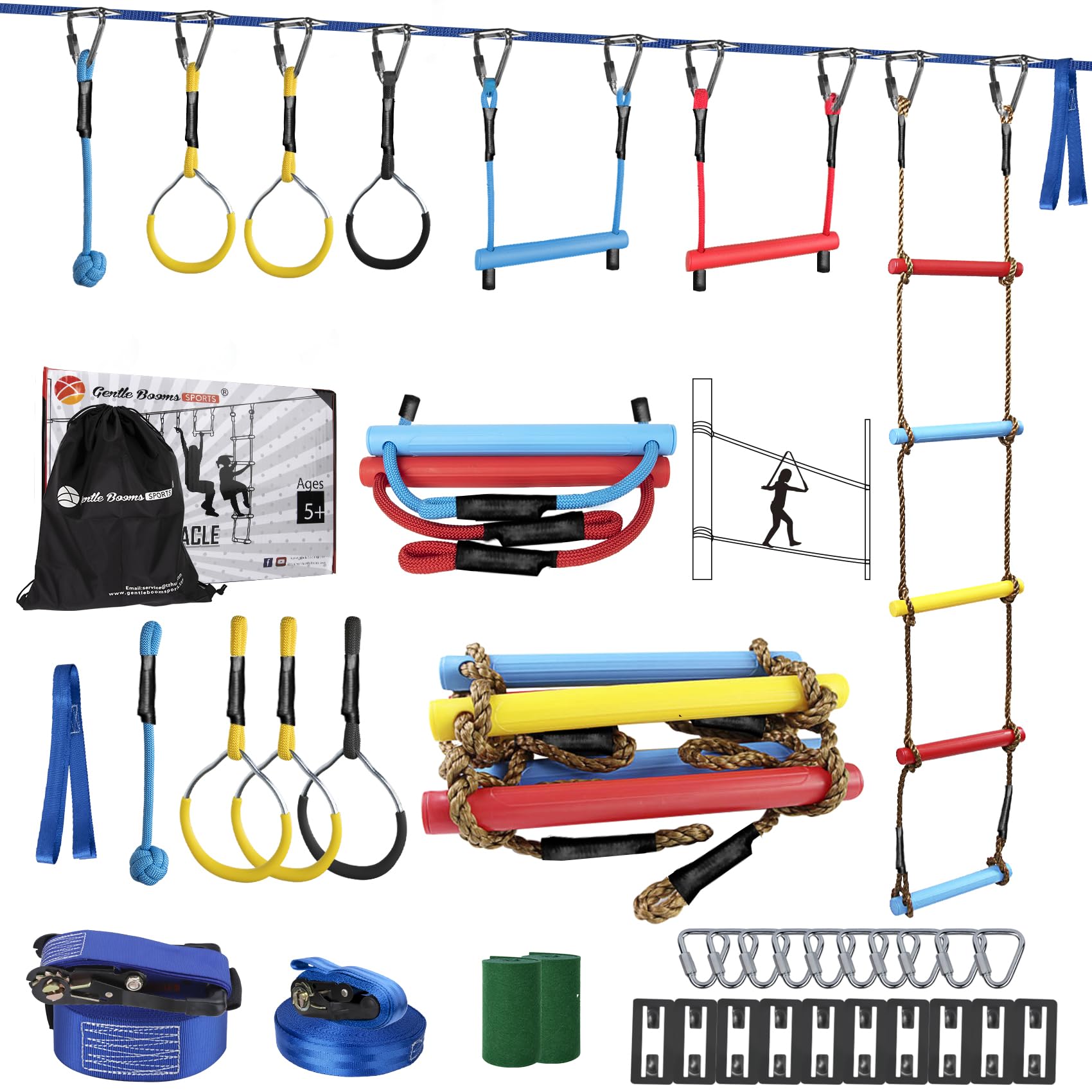 Ninja Warrior Obstacle Course for Kids, 2×56ft Slackline Kit with 8 Ninja Accessories - Monkey Bar, Rope Ladder, Gymnastic Ring, Arm Trainer and Monkey Fist