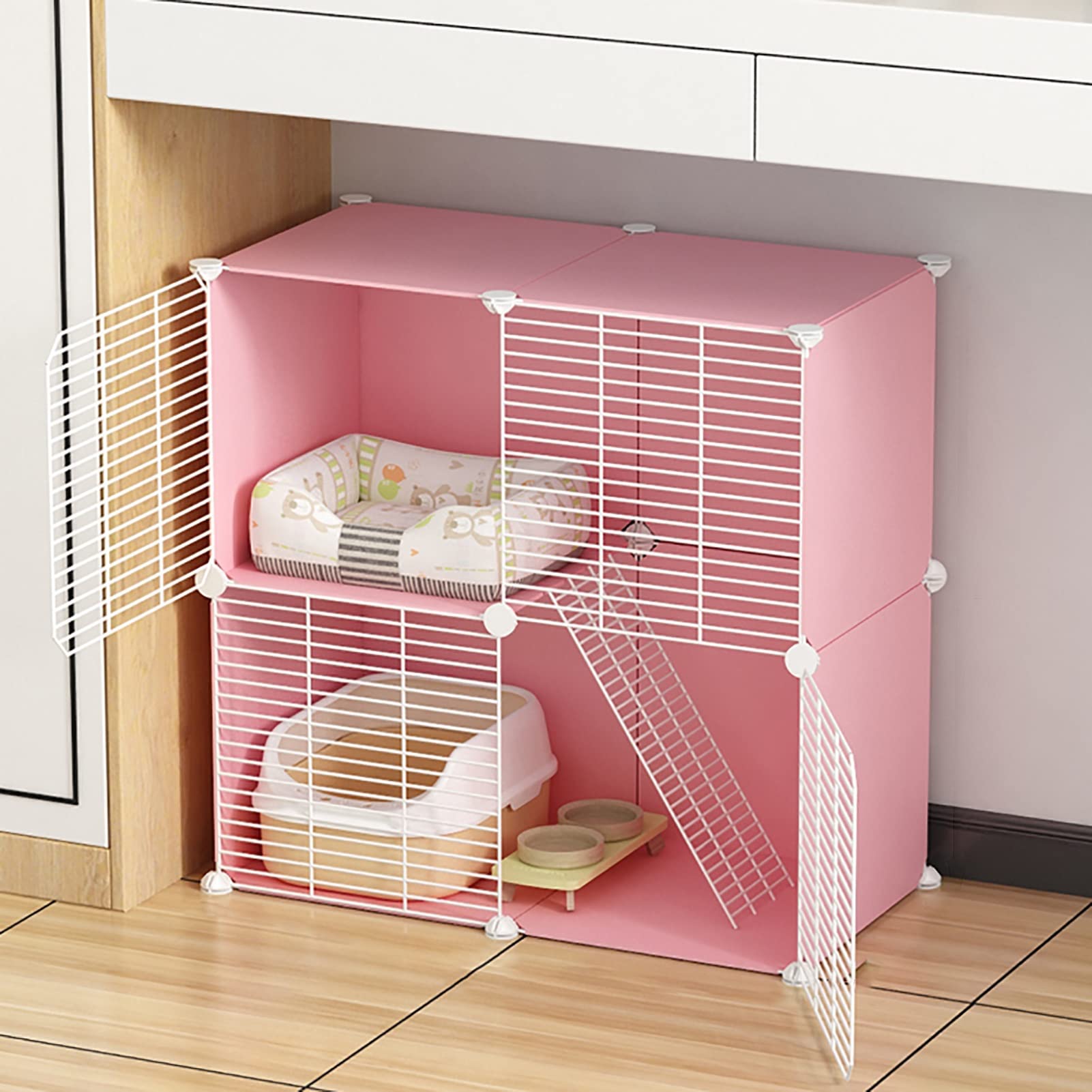 Cage pour chat et petits animaux rose à 2 couches | Espace intérieur sécurisé
