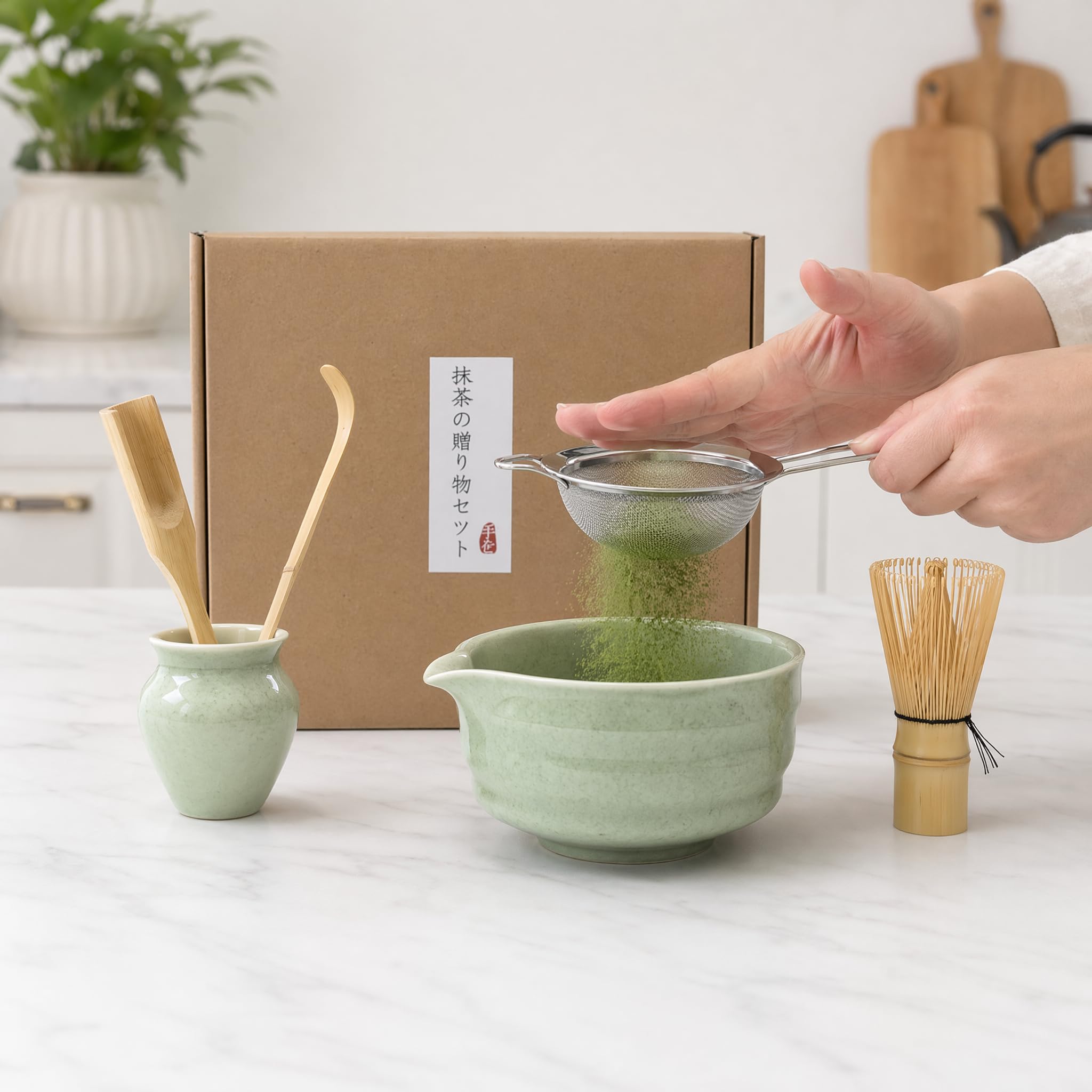 Set da 6 pezzi per tè Matcha con frusta Matcha, setaccio in acciaio inox, ciotola per matcha, 2 cucchiai Matcha, supporto per scopa in ceramica, accessori per matcha, kit regalo per gli amanti del