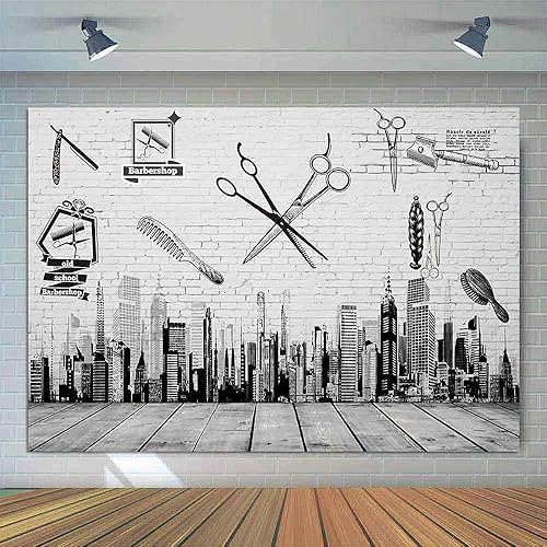 Miniatura 3 de Herramientas de barbería telón de fondo, peine de corte de pelo, edificios de gran altura, pintura de pared, madera de piso, pancarta de mesa de