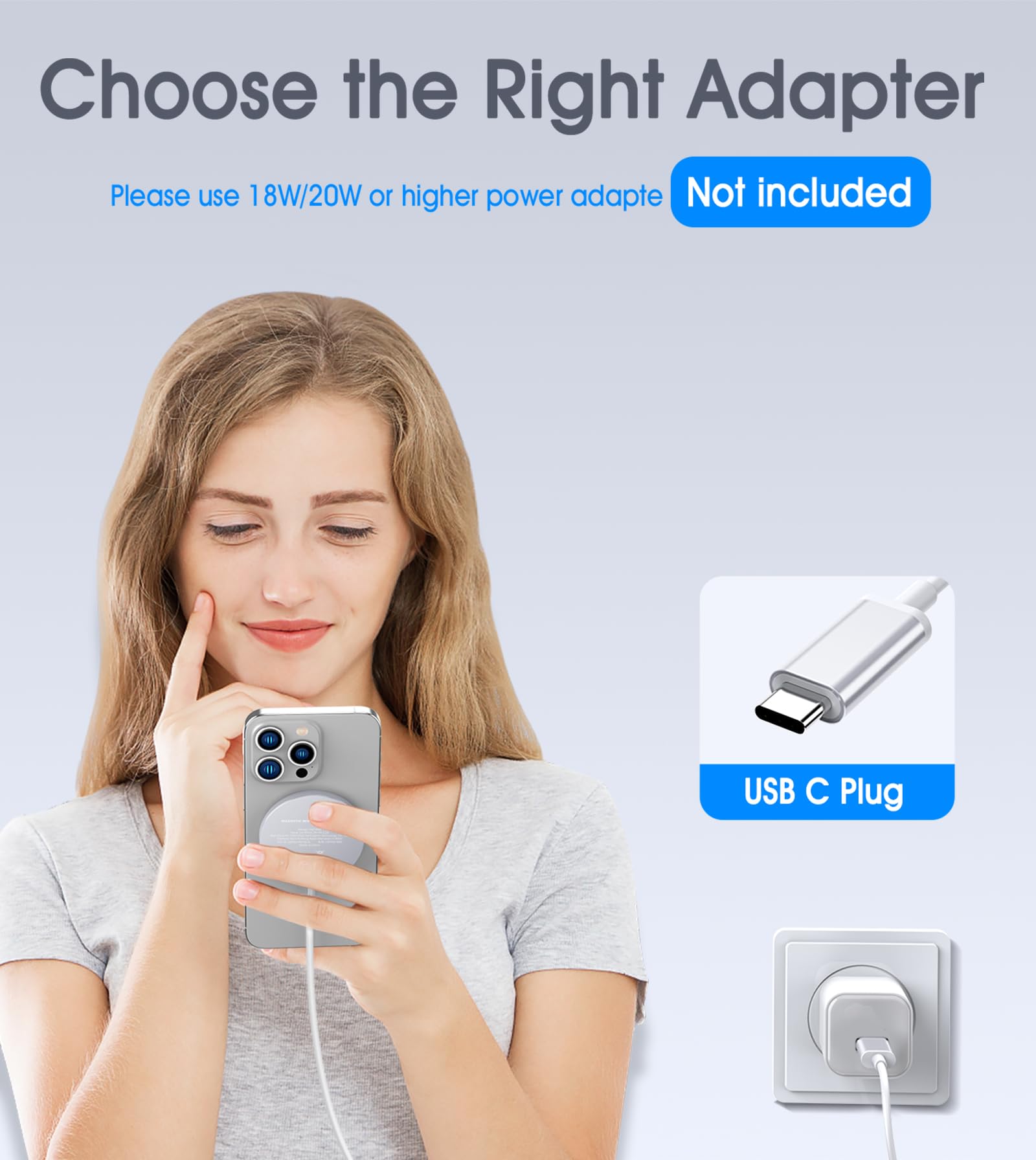 WRVVR - Bezprzewodowa ładowarka magnetyczna do iPhone'a 15, 14, 13, 12, Pro Max Plus, mini, 15 W, podkładka do szybkiego ładowania, do Airpods 3/2/Pro, silny magnes, kolor srebrny