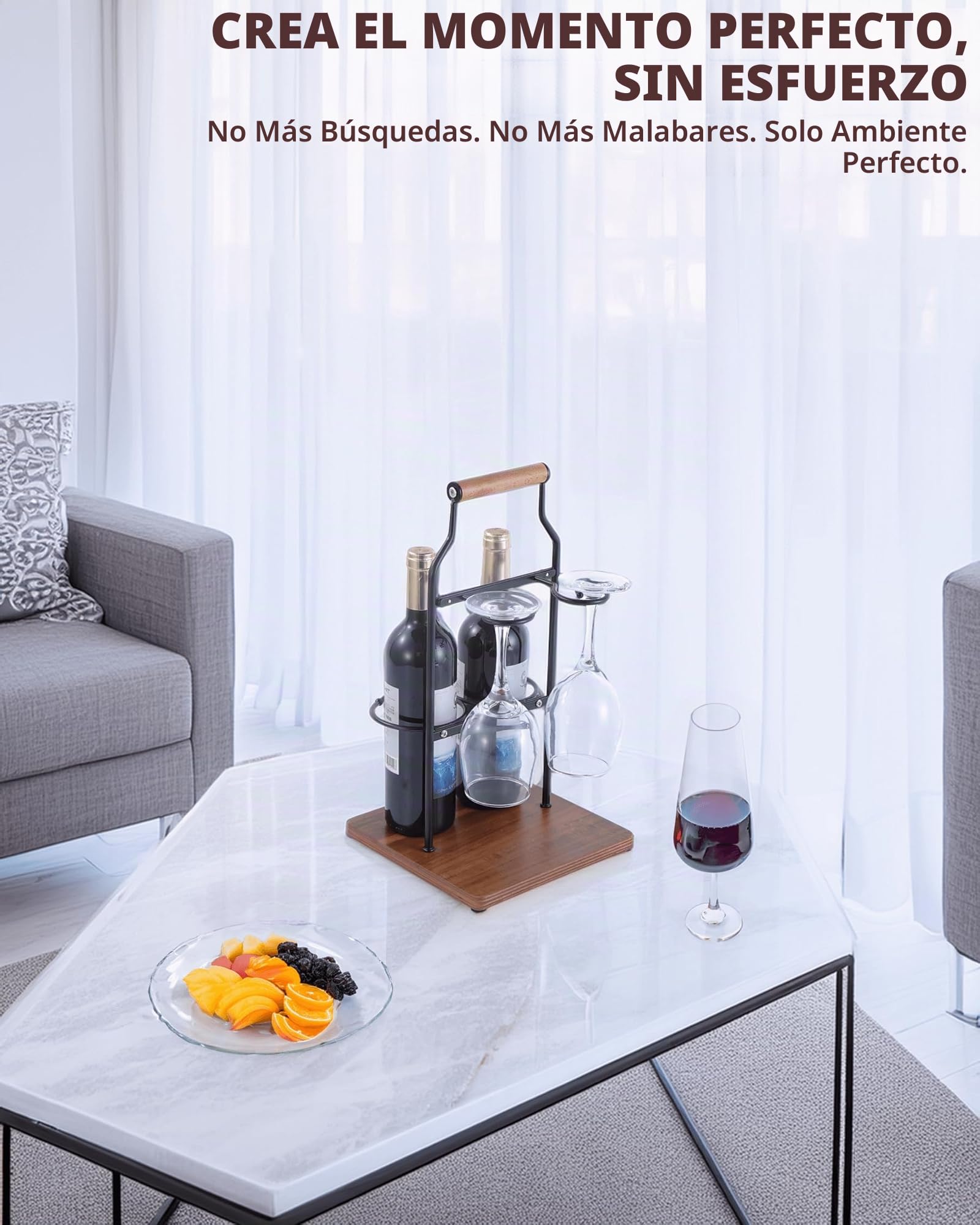 Estante de vino de encimera con asa, organizador de vino independiente con capacidad para 2 botellas y 2 copas de tallo, soporte portátil para botellas de vino y vidrio con base de madera para bar
