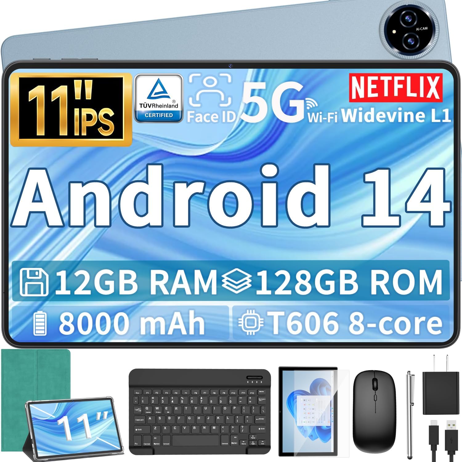 Android 14 Tablet, 11 inch Tablet with Keyboard, 12GB+128GB, 1TB Expand, Octa-Core, 2.4G/5G WiFi, 8000mAh, BT V5.0, GMS Certified, IPS Touch Screen, GPS, 2 in 1 with Case, Mouse, Stylus(Green)