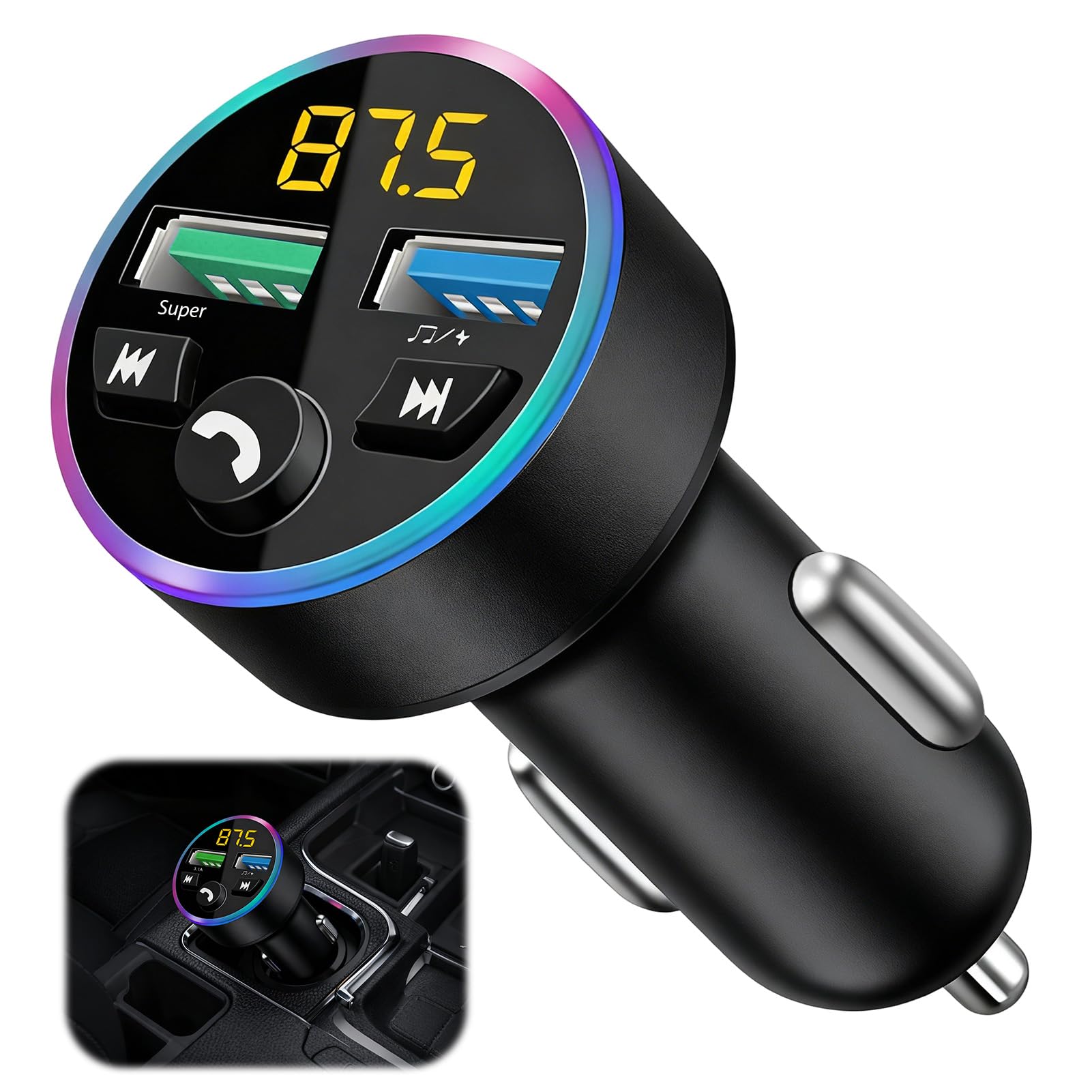 Transmisor FM Bluetooth, Enchufe de Encendedor, Kit Manos Libres Bluetooth | Adaptador para Encendedor de Coche con Carga Rápida, Doble Cargador USB para Teléfono Móvil, para Auto y Camión 12V/24V