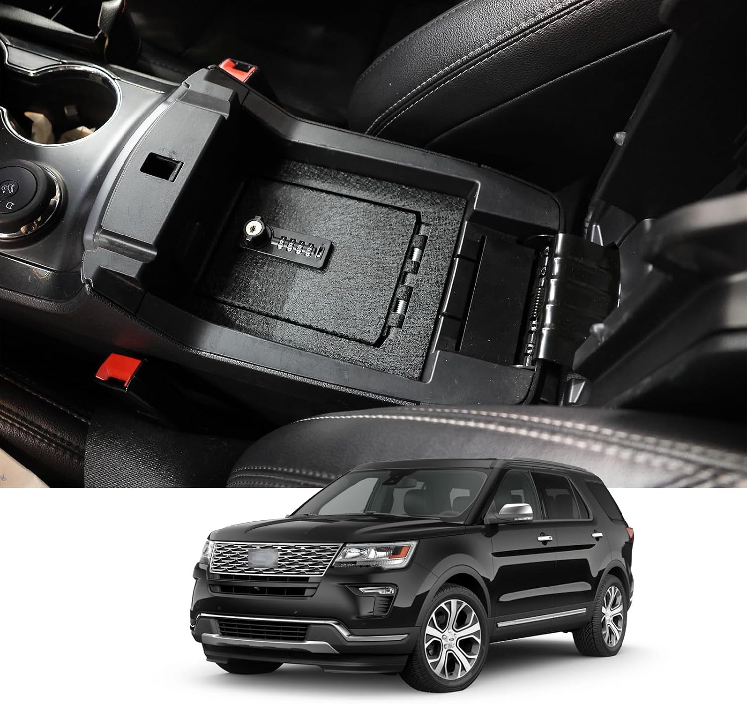 Center Console Safe Vault - KEREN Console Gun Safe Box Compatible with Ford Explorer 2013-2019, 4 Digit Combination Lock with Key