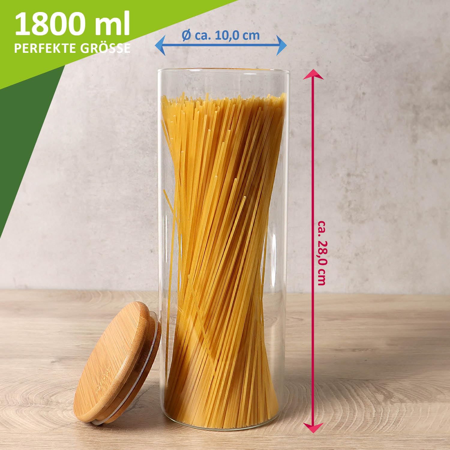 2x Barattoli con coperchio in bambù 1800ml - barattoli per alimenti in vetro borosilicato rinforzato - barattoli ermetici - barattolo rotondo riutilizzabile 1.8L (02 pezzi - 1800 ml)