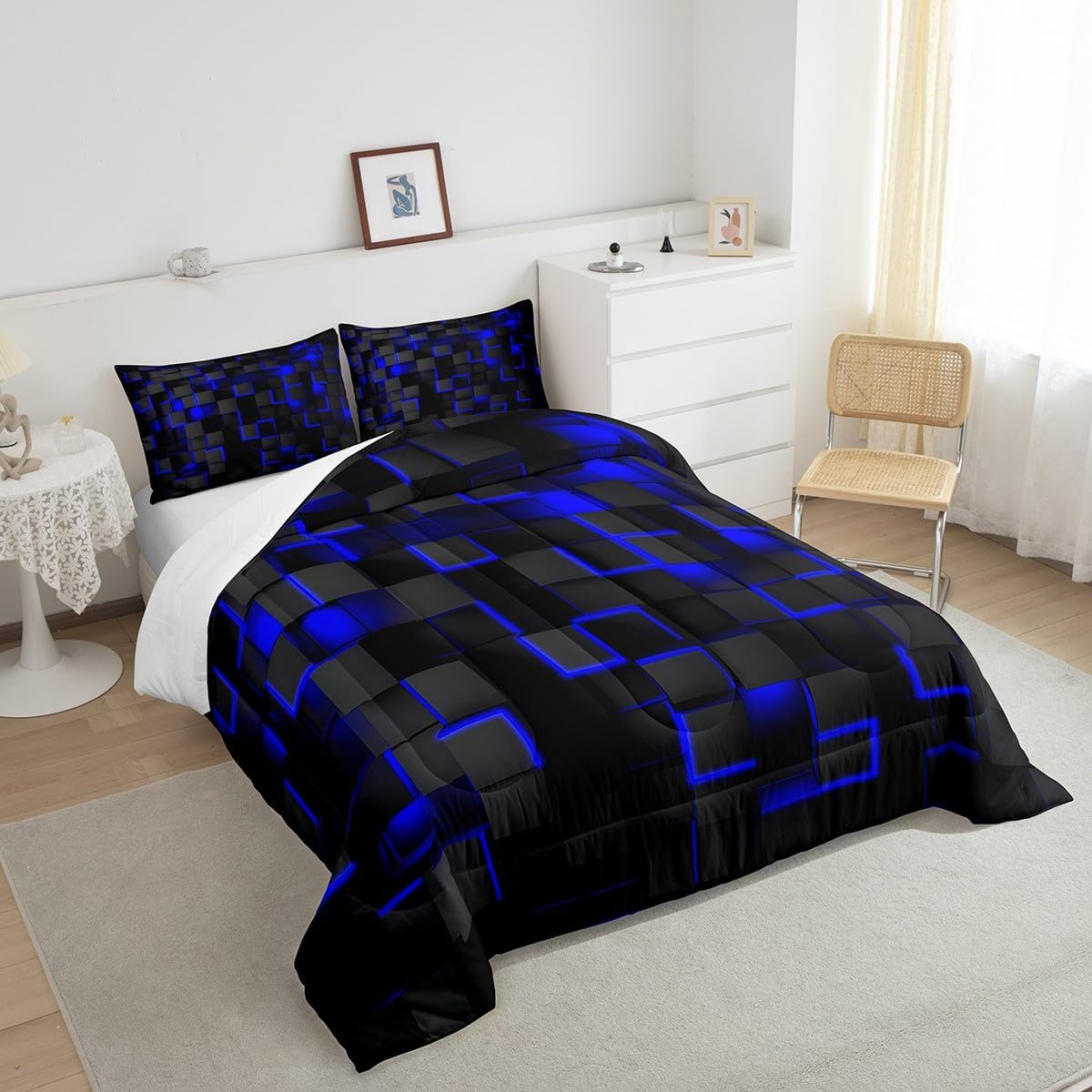 Feelyou Blue and Black Bedding Set Full Size Light Geometric Comforter Set for Kids Boys Girls Decor Comforter Modern Style Duvet Set - Image 4